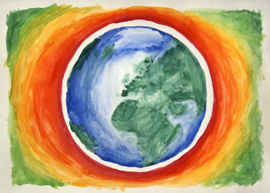Zeichnung des Planeten Erde, mit den Kontinenten in Grün, dem Wasser in Blau, der Atmosphäre in Rot und dem Weltraum in Grün.