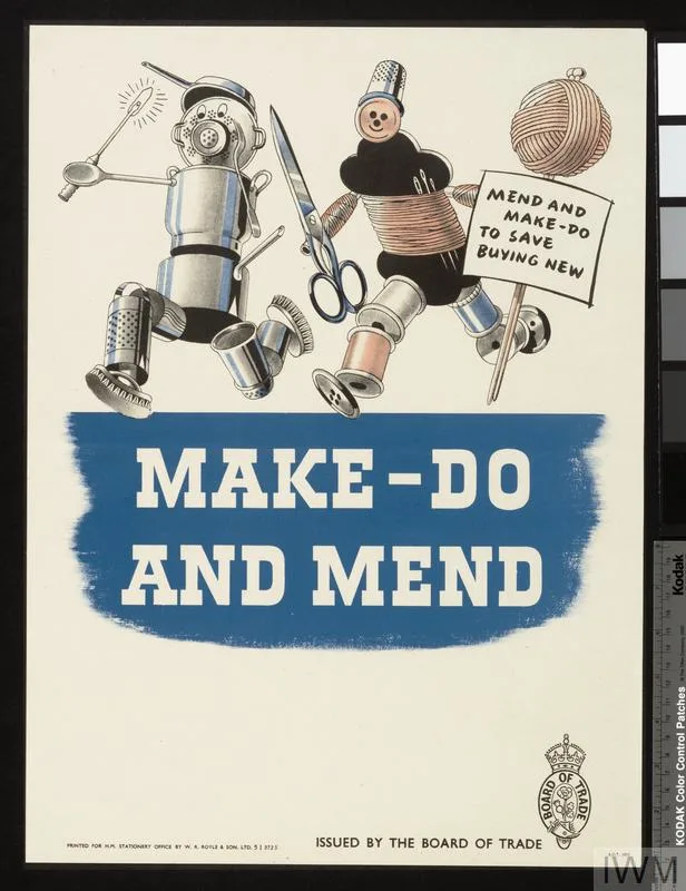 Dieses Plakat ermutigte die Menschen während des Zweiten Weltkriegs, Dinge wie Schuluniformen zu reparieren und wiederzuverwenden, um Ressourcen zu sparen. Erkennst du diese aus Näh- und Stricknadeln hergestellten Figuren aus dem Zauberer von Oz? Flickst du deine Kleidung oder wirfst du sie weg?