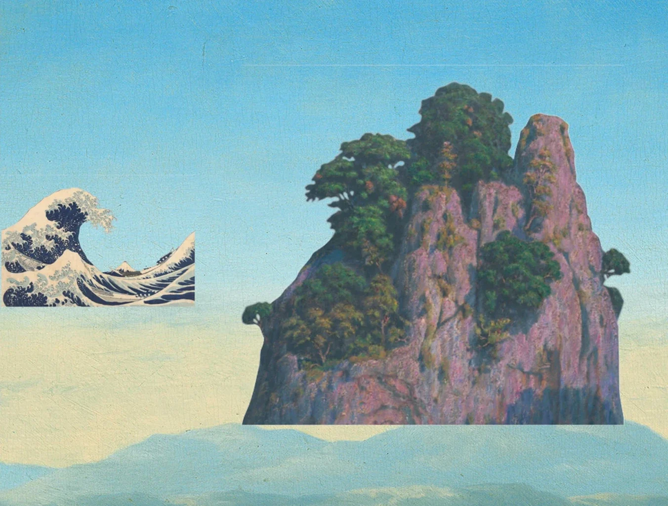Serene mountain scene with a captivating wave in the distance, inviting you to immerse yourself in nature's harmony.