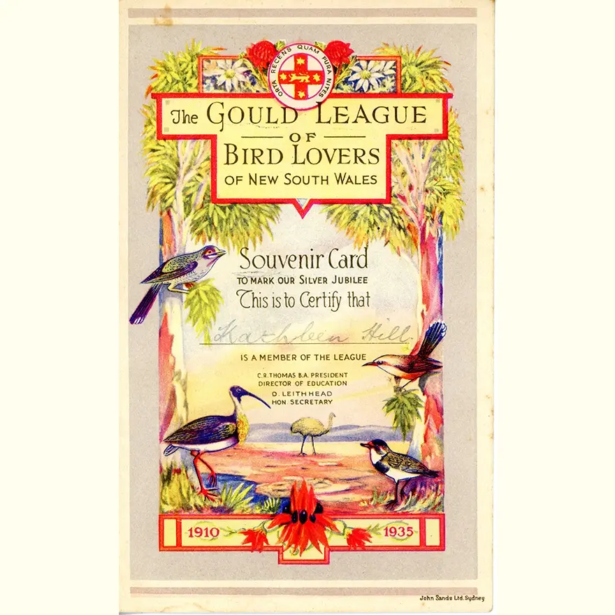 A Gould League of Bird Lovers of New South Wales certificate decorated with various  birds native to Australia.