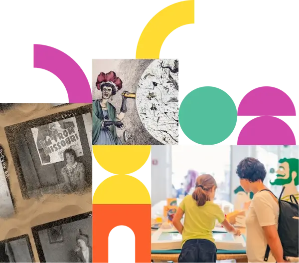 Collage showing a mother and child exploring an exhibition in the Johann Jacobs Museum, the satirical drawing of the London Monster Soup from William Heath, and the foto gallery of the Dust Bowl.