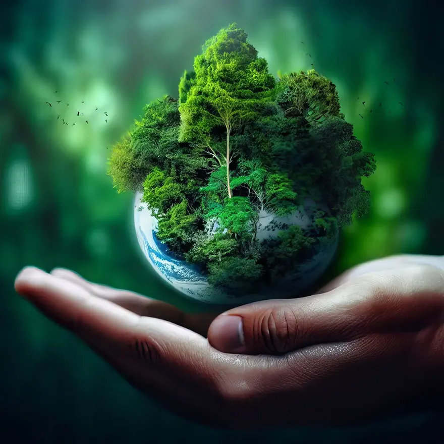 An earth like sphere covered in trees hovers above an open palm in front of a green background.