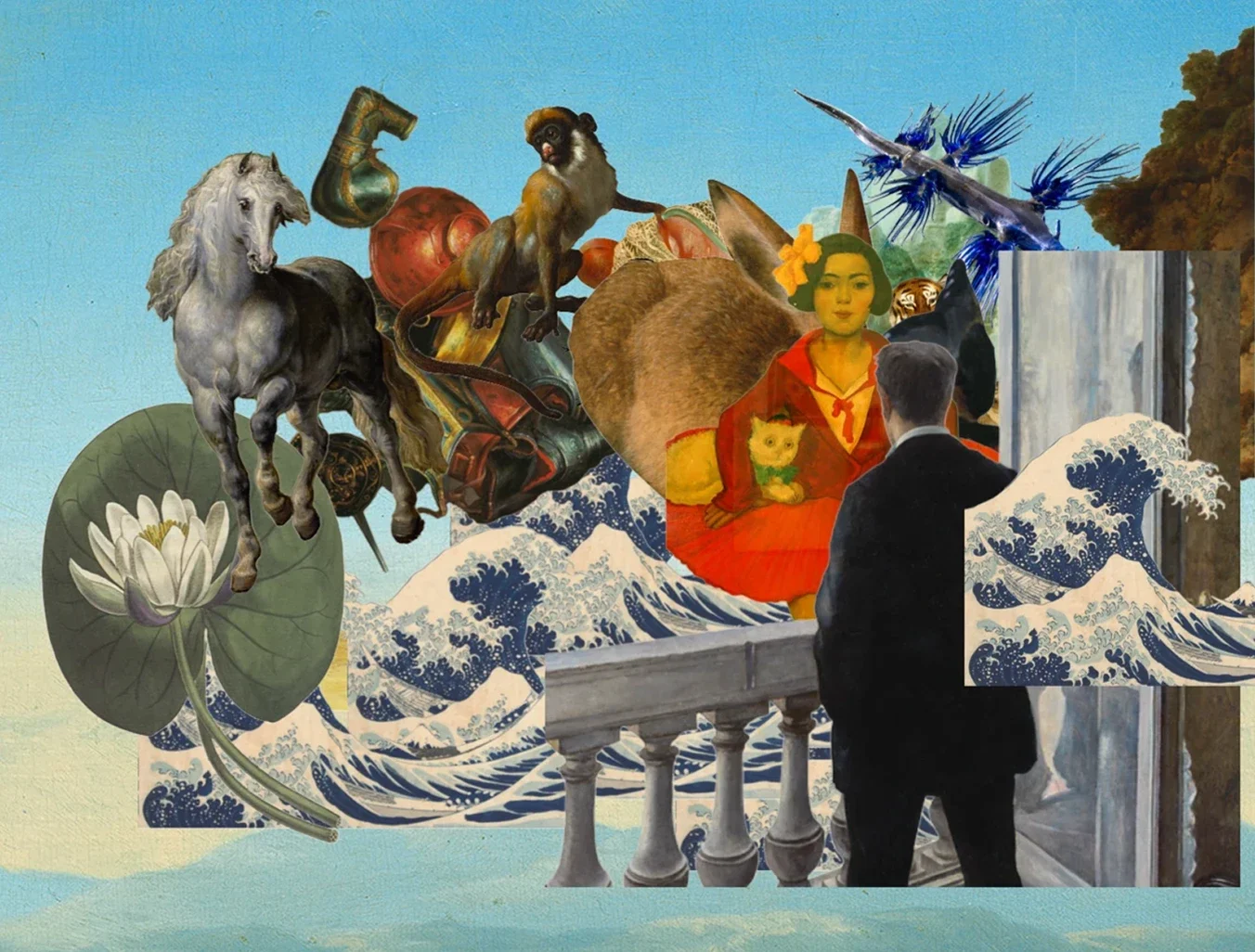 A man is lost in a dreamlike state while looking at a collage of images. A woman with her cat appears before him, bringing him back to the present moment.