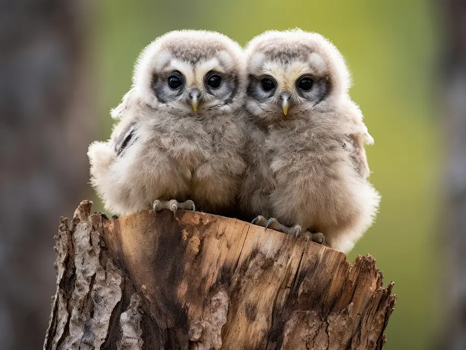 Two baby owl chicks with downy feathers stand side by side on a tree stump in a forest and look at the viewer.