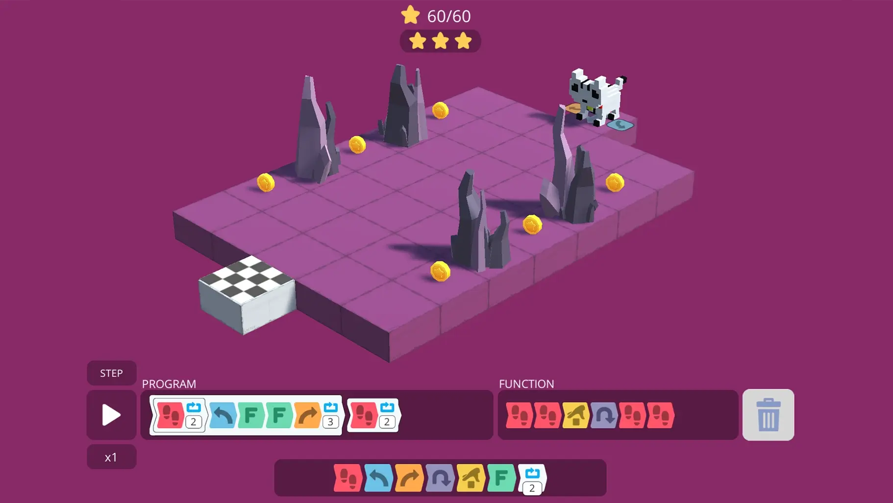 Algorithmic thinking: You used all your computational thinking skills to create the right sequence of commands for Rodocodo Cat: break the problem into steps, spot patterns, focus on what matters, and plan the best order. The better your plan, the shorter your program, and the more stars you are awarded!