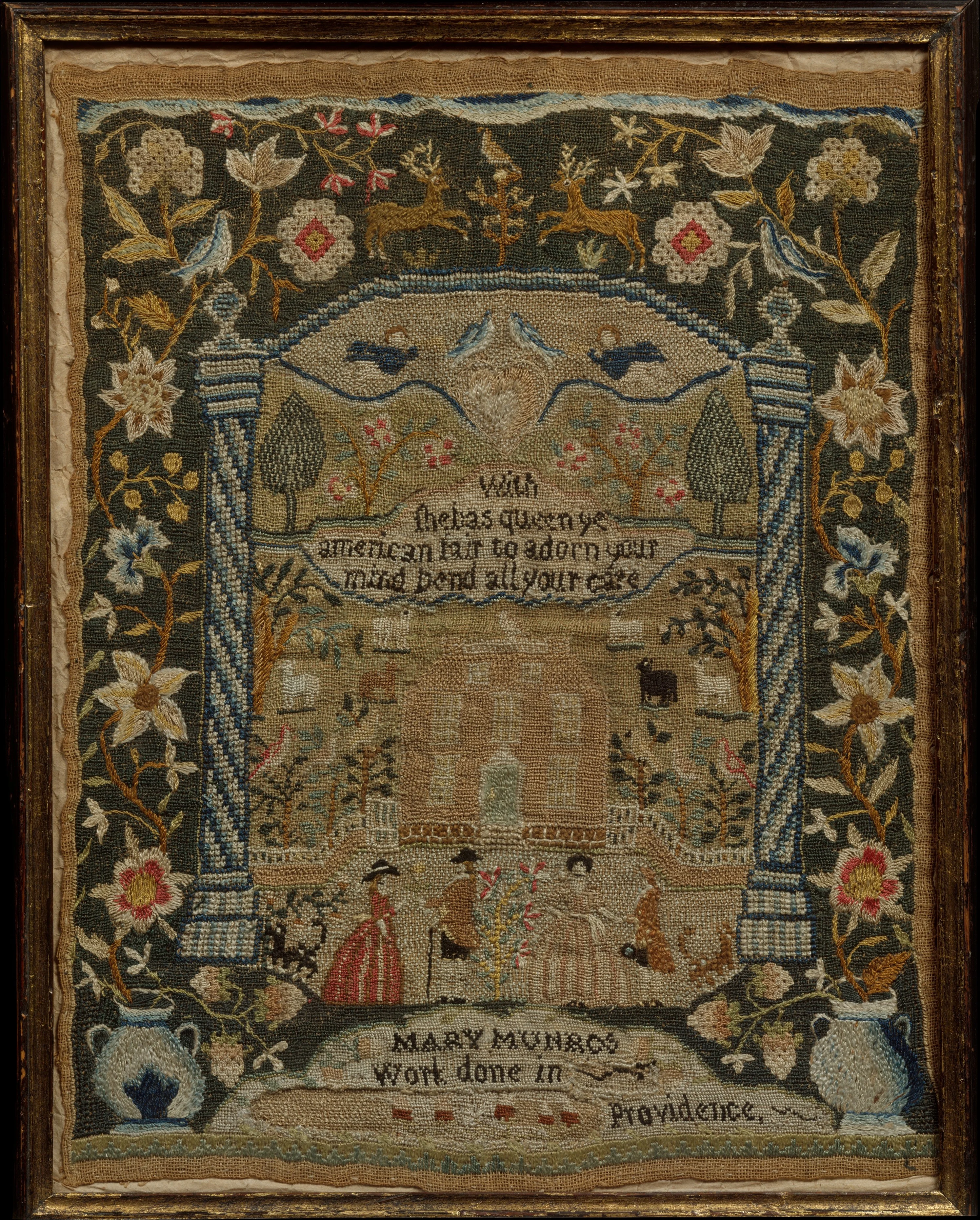 Mary Munro’s sampler is the only thing we have left from her life. It shows flowers, people, animals, and buildings. The main part is a picture of the State House in Providence, showing Rhode Island’s 1776 independence. The sampler depicts nature, love and new American ideas. It shows how important women's education was after the Revolution.