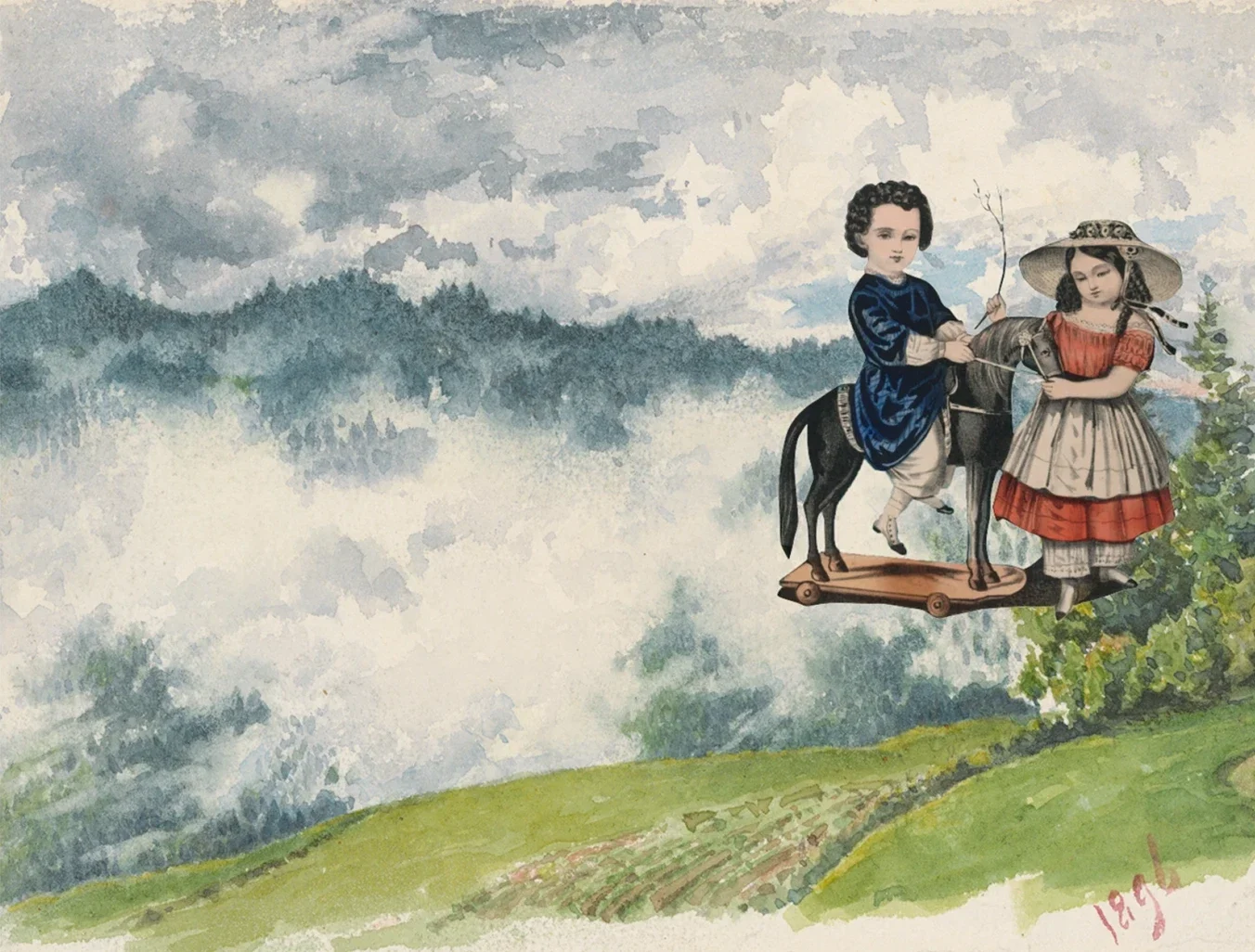 Two joyful children, a boy riding a horse while a girl leads it through a beautiful open landscape, creating cherished memories together.
