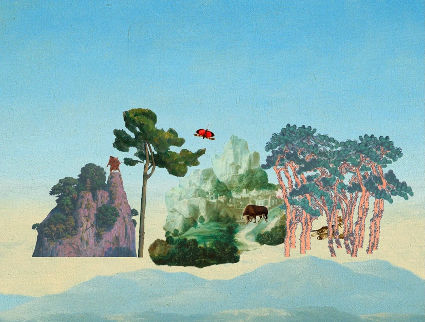 Mountain landscape with lush trees, a butterfly dances in the sky. In the distance, a majestic mountain range frames a valley where a bull grazes. But predators are nearby!
