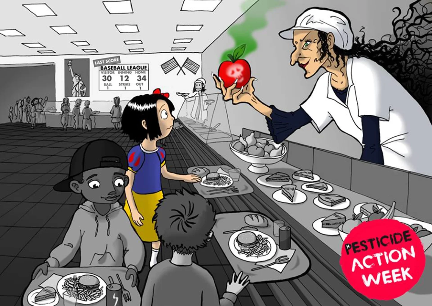 Slow Food International, eine globale Organisation (+160 Länder), hat diese Anzeige für ihre jährliche „Pestizid-Aktionswoche“ geschaltet. Hier wird Schneewittchen in der Schulmensa ein mit Pestiziden besprühter Apfel angeboten. Wenn du Schneewittchen wärst, würdest du diesen Apfel essen?