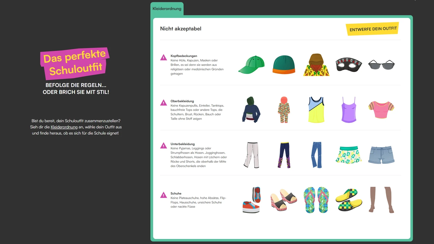 Das Quiz „Das perfekte Schuloutfit“ war der Ausgangspunkt der Unterrichtseinheit. Zuvor arbeiteten wir jedoch gemeinsam mit der Seite der Kleiderordnung. Mir war wichtig, dass die Kinder zuerst den Wortschatz rund um Kleidung kennenlernen und üben. Deshalb zeigte ich die Seite am Bildschirm und verteilte die Tablets erst danach. So konnten alle die Begriffe verstehen, bevor sie selbstständig mit dem Quiz starteten.