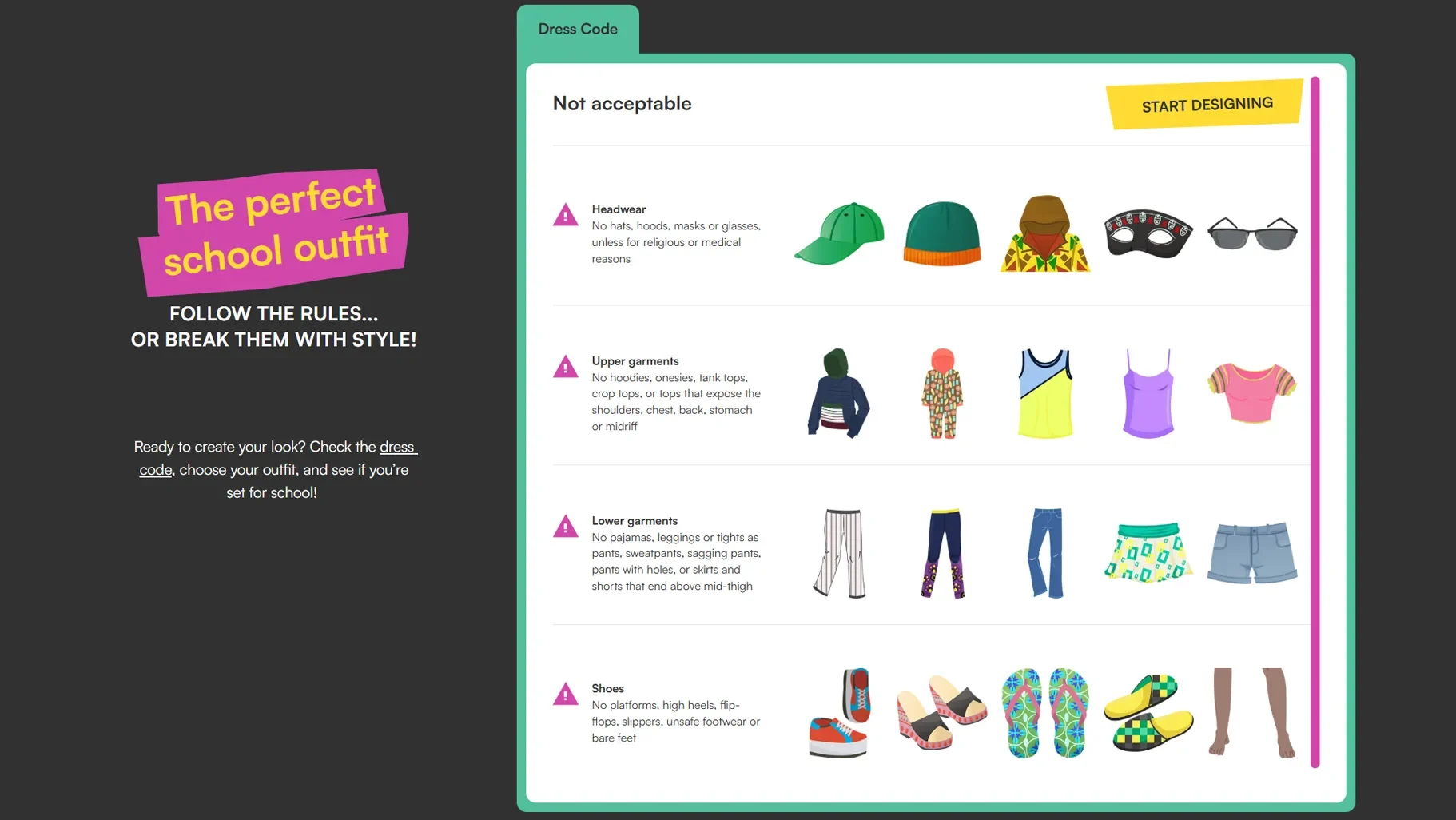 The quiz, “The Perfect School Outfit,” was the first part of the lesson, but before starting, we spent some time on the “Dress Code" page. I wanted students to explore the clothing vocabulary and language before they had access to the quiz. I projected the first page on the screen and only gave them the tablets once we had completed this step. This helped prevent the temptation to jump straight into the quiz!