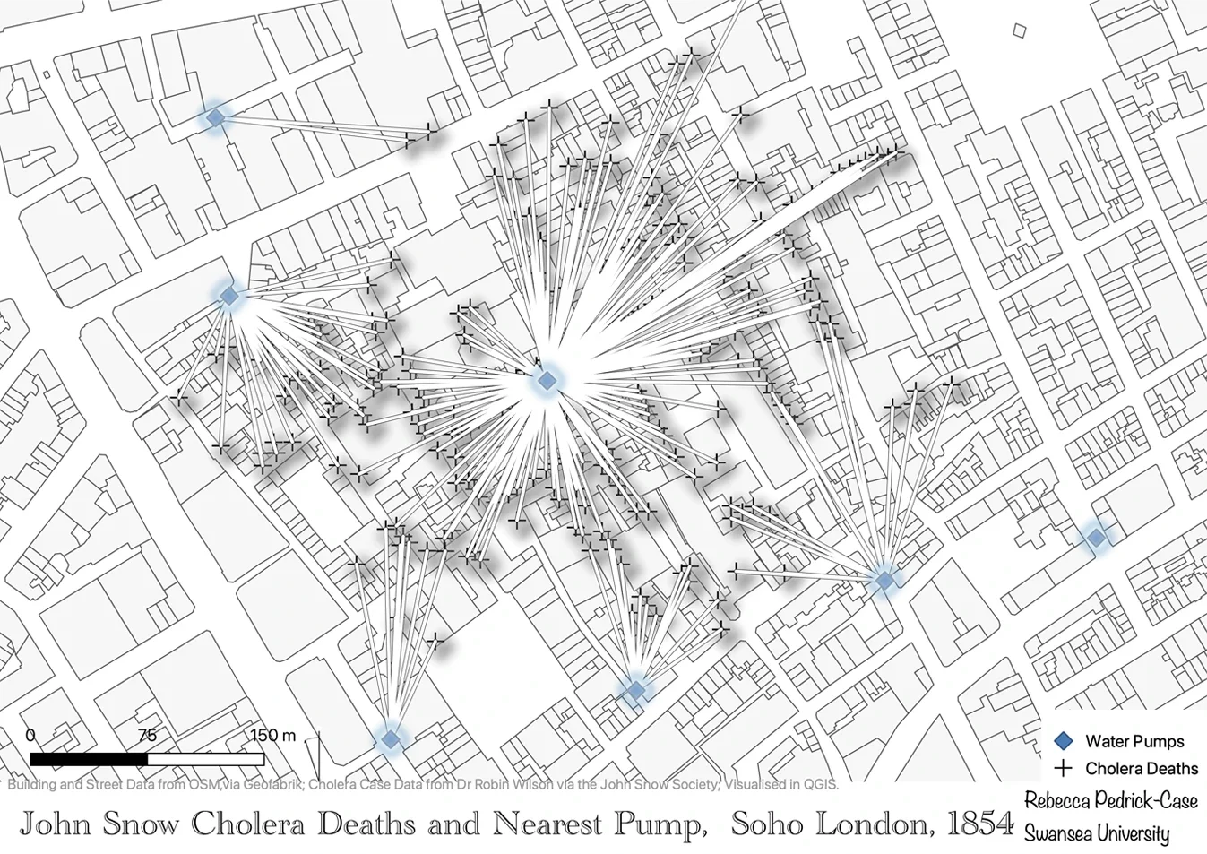 Der englische Arzt John Snow (1813-1858) wollte herausfinden, warum so viele Menschen in London an Cholera erkrankten. Er erstellte eine Karte aller Orte, an denen Menschen krank geworden waren, und stellte fest, dass viele ihr Wasser aus derselben Wasserpumpe bezogen. Dr. Snow erkannte, dass das Wasser in dieser Pumpe schmutzig und voller schädlicher Bakterien war, die Cholera verursachten. Nach dem Ausbau der Pumpe wurden weniger Menschen krank!