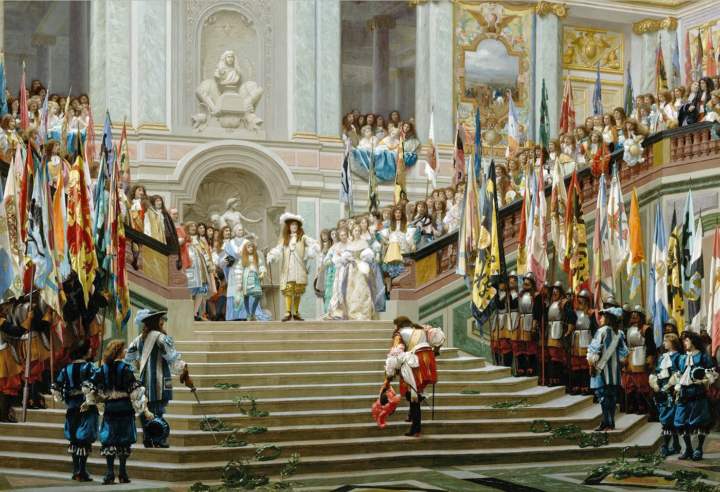 Sieh dir dieses Gemälde des Hofes von Ludwig XIV. an. Kannst du wiederkehrende Stile, Farben oder Kleidungsarten erkennen, die Menschen in bestimmte Gruppen unterteilen? Wie unterscheidet sich die Kleidung des Königs und der Königin von der der anderen Personen? Wie viele Leute kannst du entdecken, die Ludwigs berühmte rote Absätze tragen?