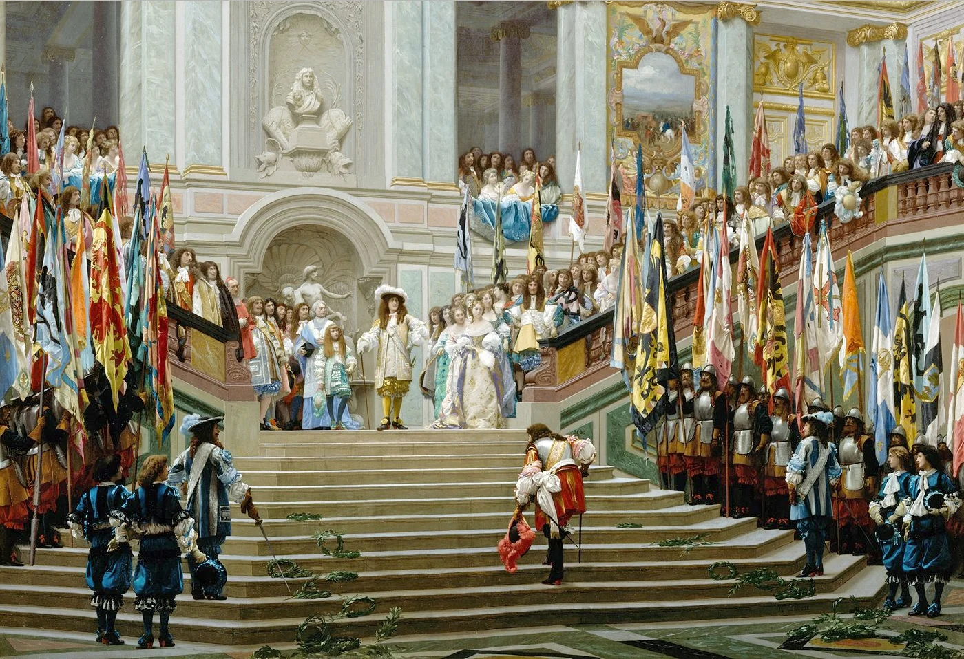 Sieh dir dieses Gemälde des Hofes von Ludwig XIV. an. Kannst du wiederkehrende Stile, Farben oder Kleidungsarten erkennen, die Menschen in bestimmte Gruppen unterteilen? Wie unterscheidet sich die Kleidung des Königs und der Königin von der der anderen Personen? Wie viele Leute kannst du entdecken, die Ludwigs berühmte rote Absätze tragen?