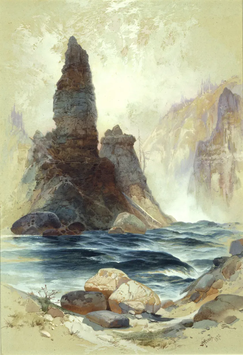 A long time ago, a painter named Thomas Moran went to Yellowstone with some scientists and artists. His beautiful paintings helped create the park, where people go to see cool animals and nature. Have you been to a park like this? 