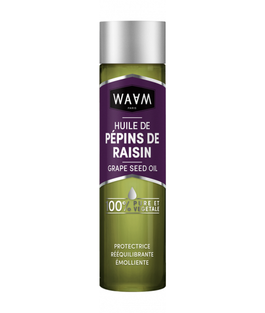 L'huile de Pépins de Raisin pénètre facilement la peauet les cheveux sans laisser de film gras.