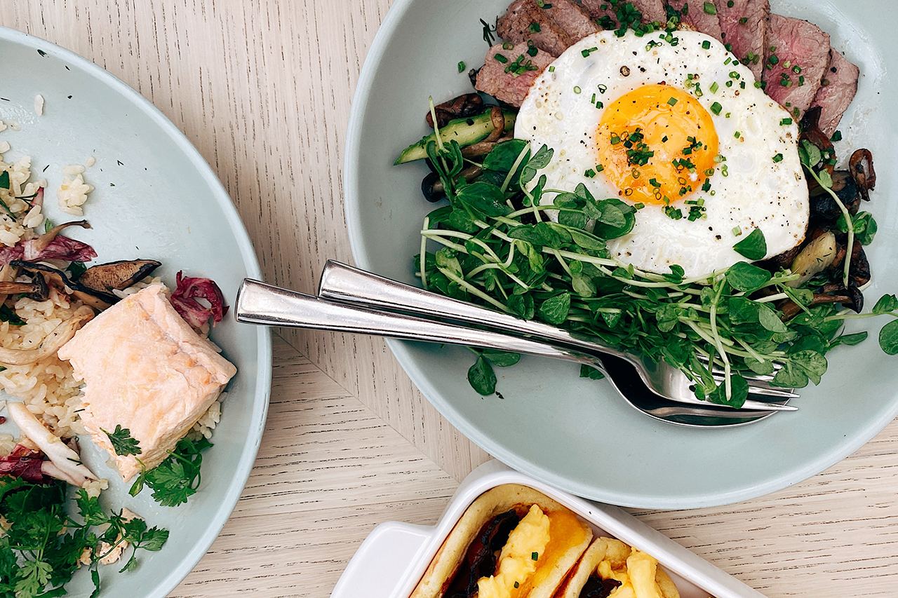 Plate of roast beef, egg and salad