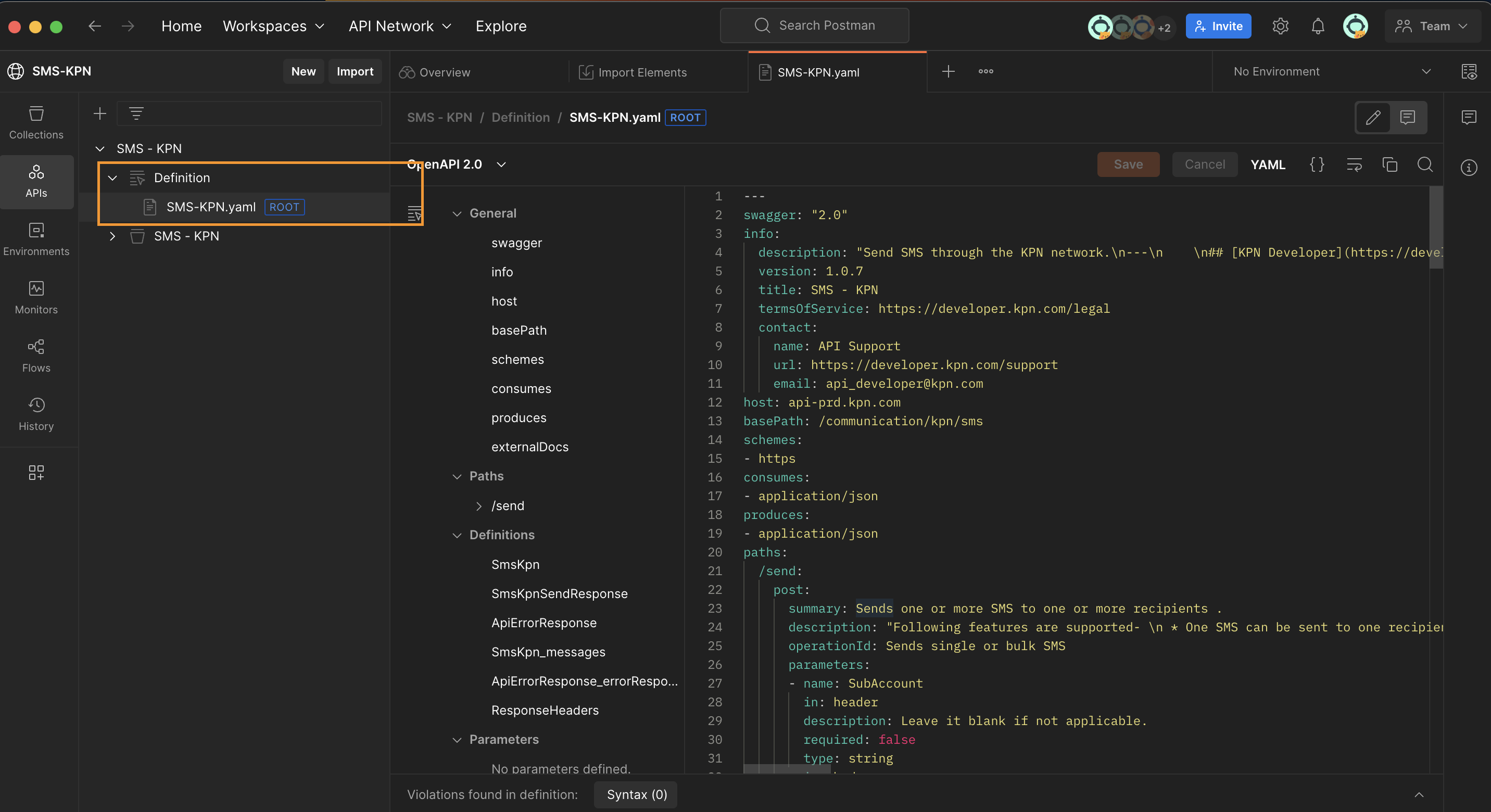 Open API specification can be checked at the Definition section