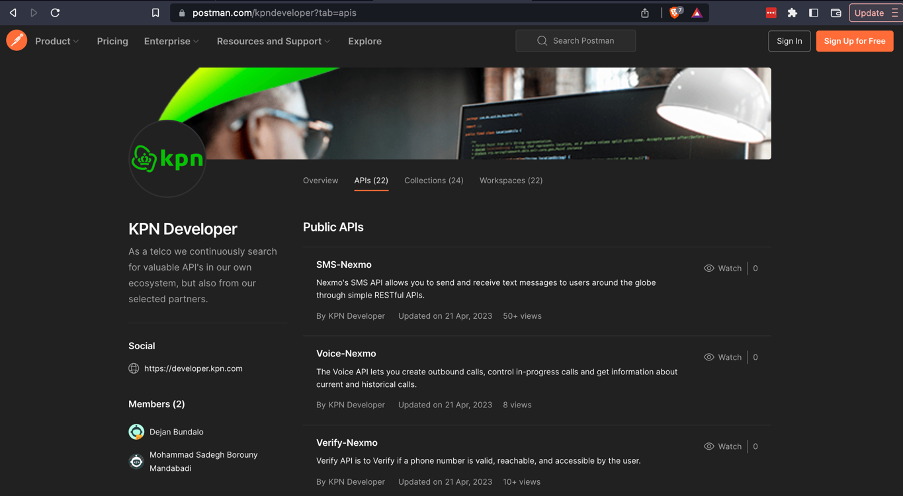 Navigate to KPN Developer and find the list of APIs