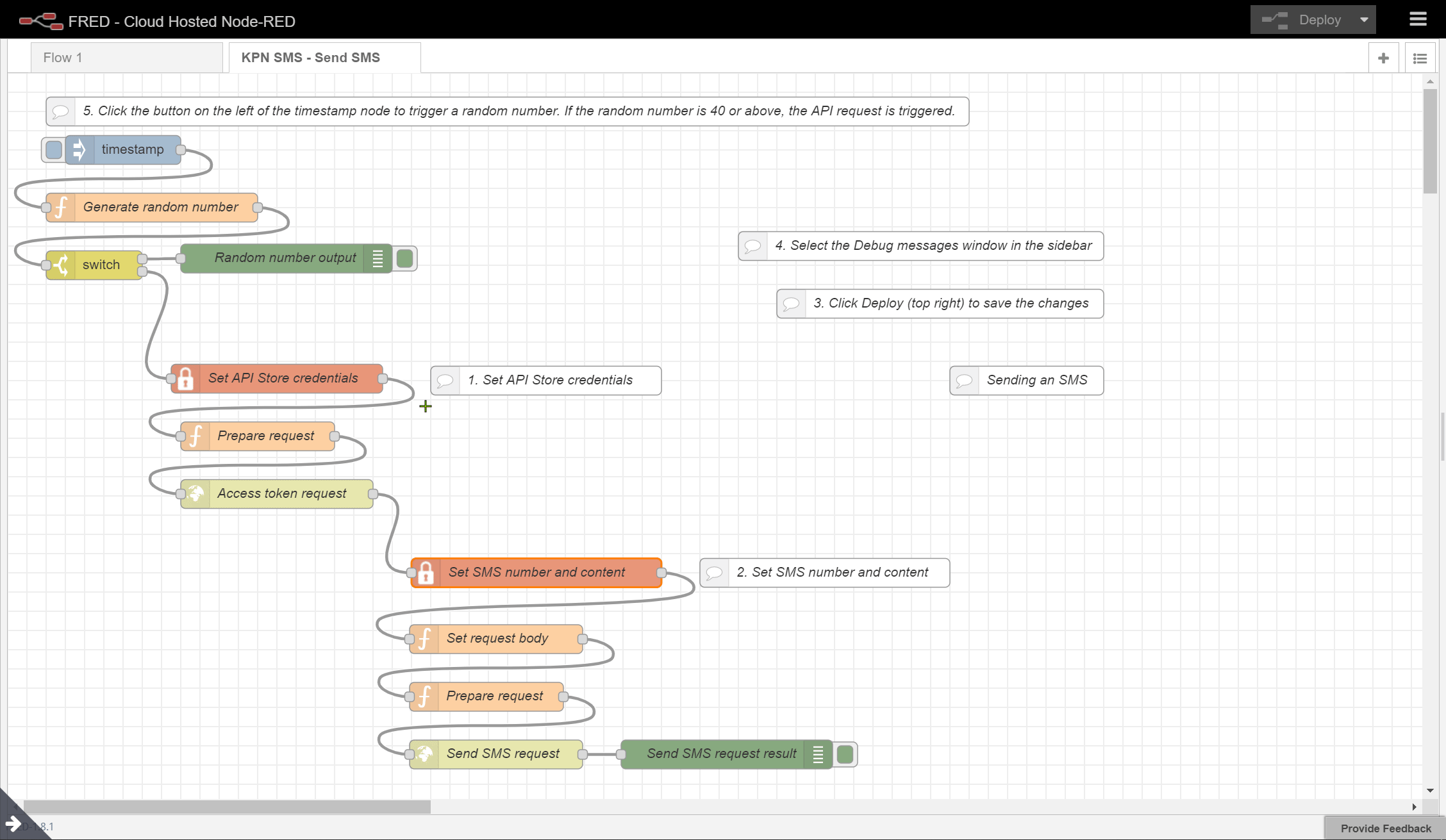 Tutorials KPN SMS Node RED request