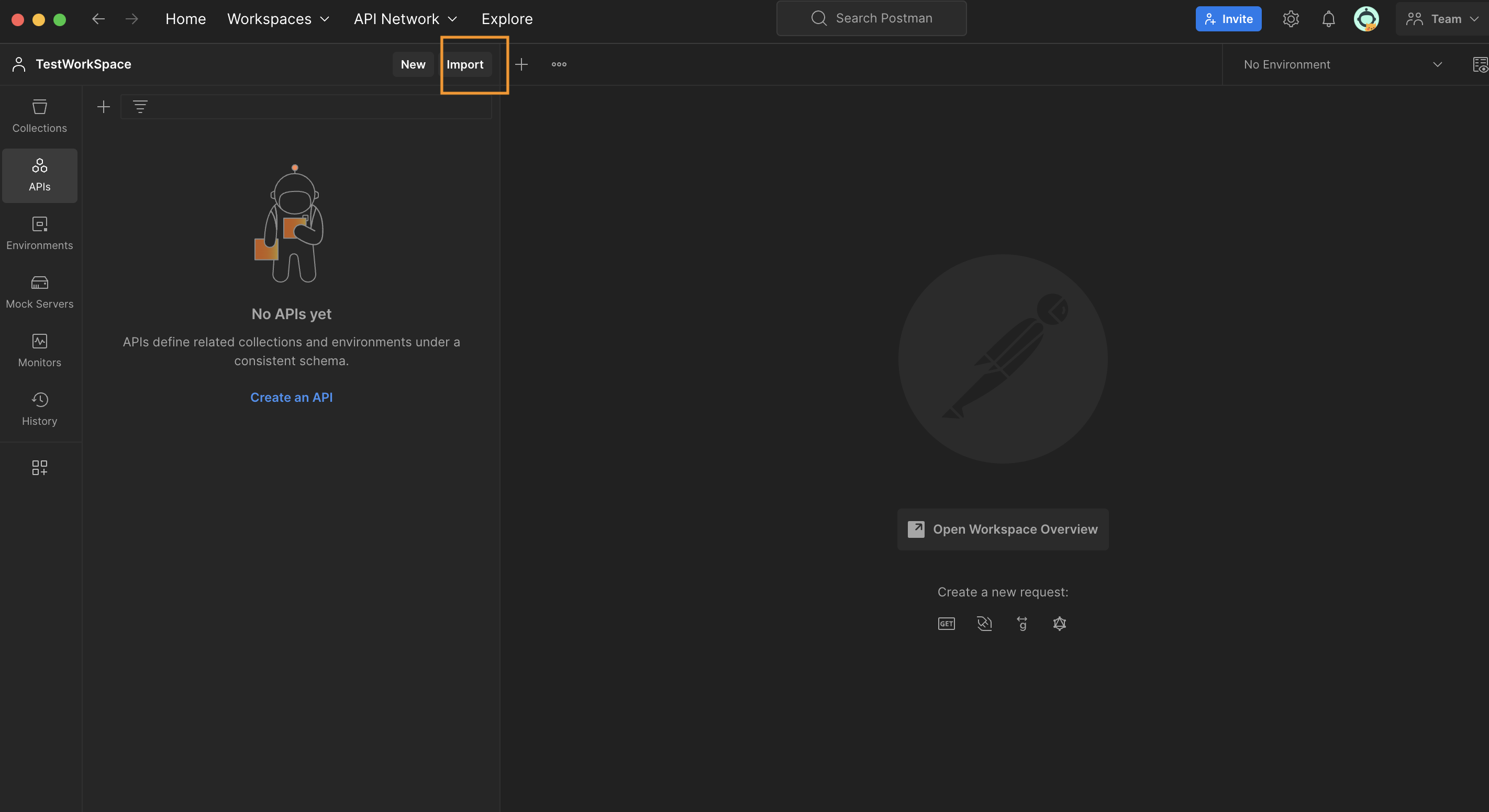 Go to the Postman workspace and select import