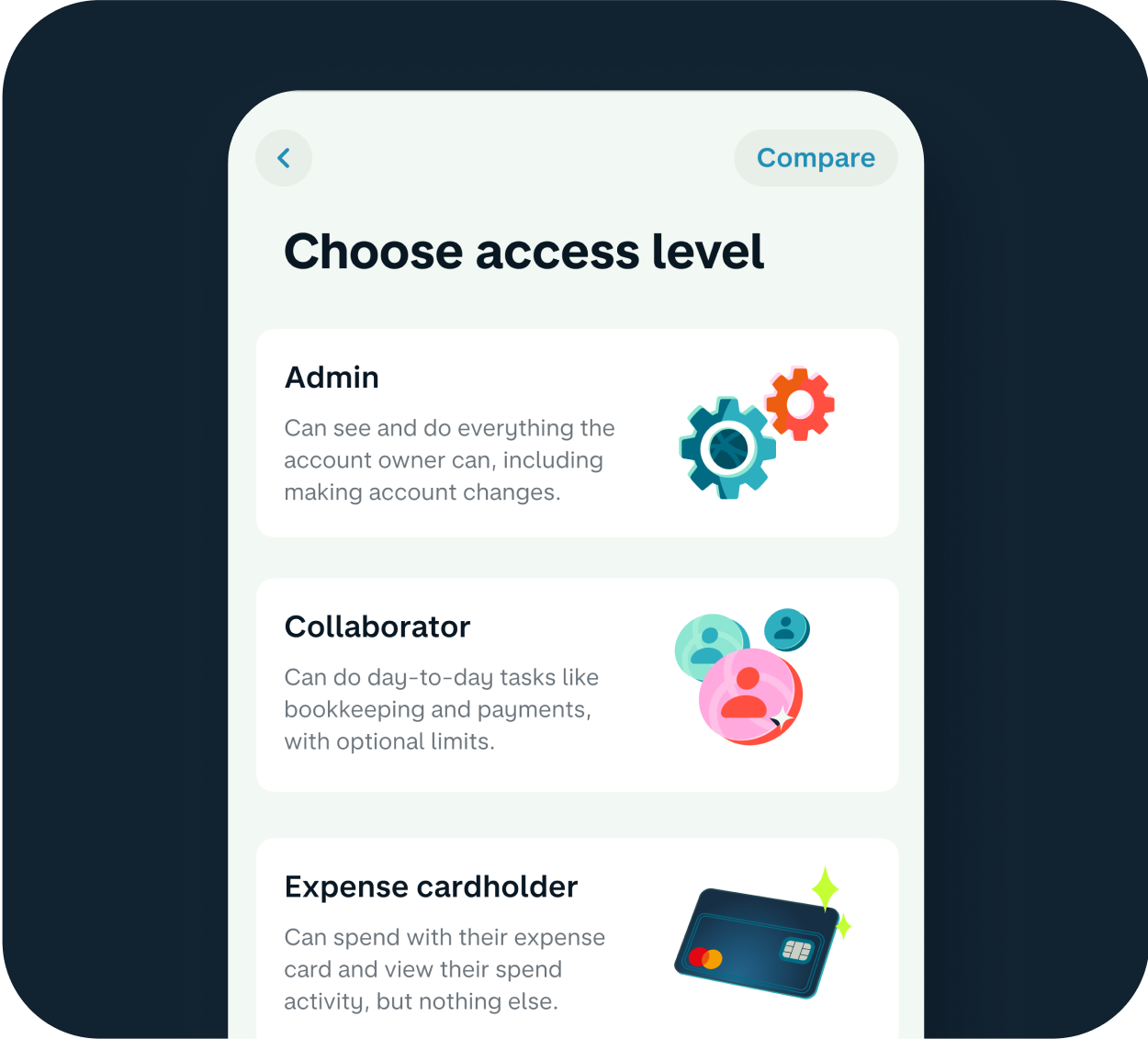 Business banking Team access levels in-app 