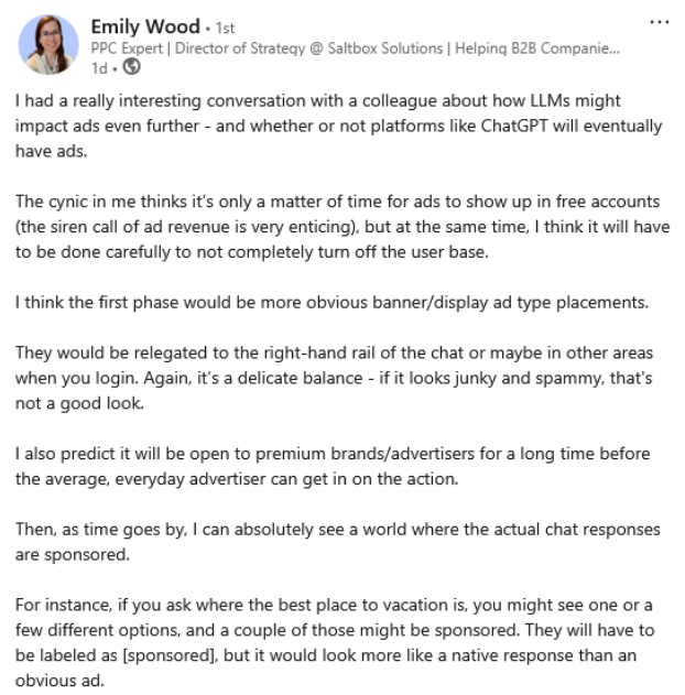 Emily Woods LinkedIn post on ChatGPT Ads