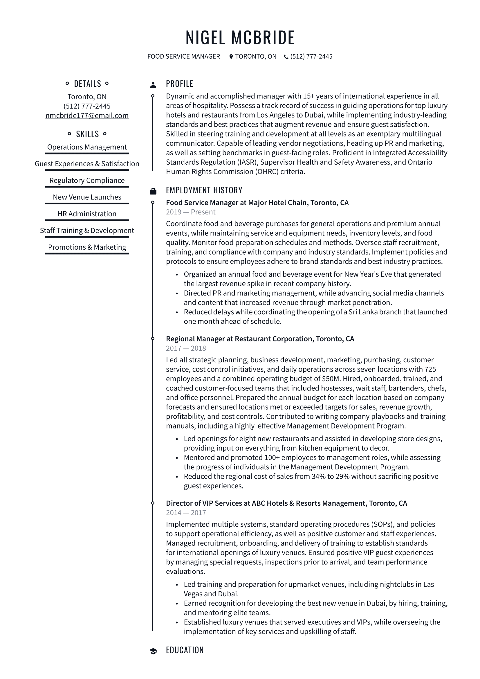 Food Service Manager Resume Example & Writing Guide