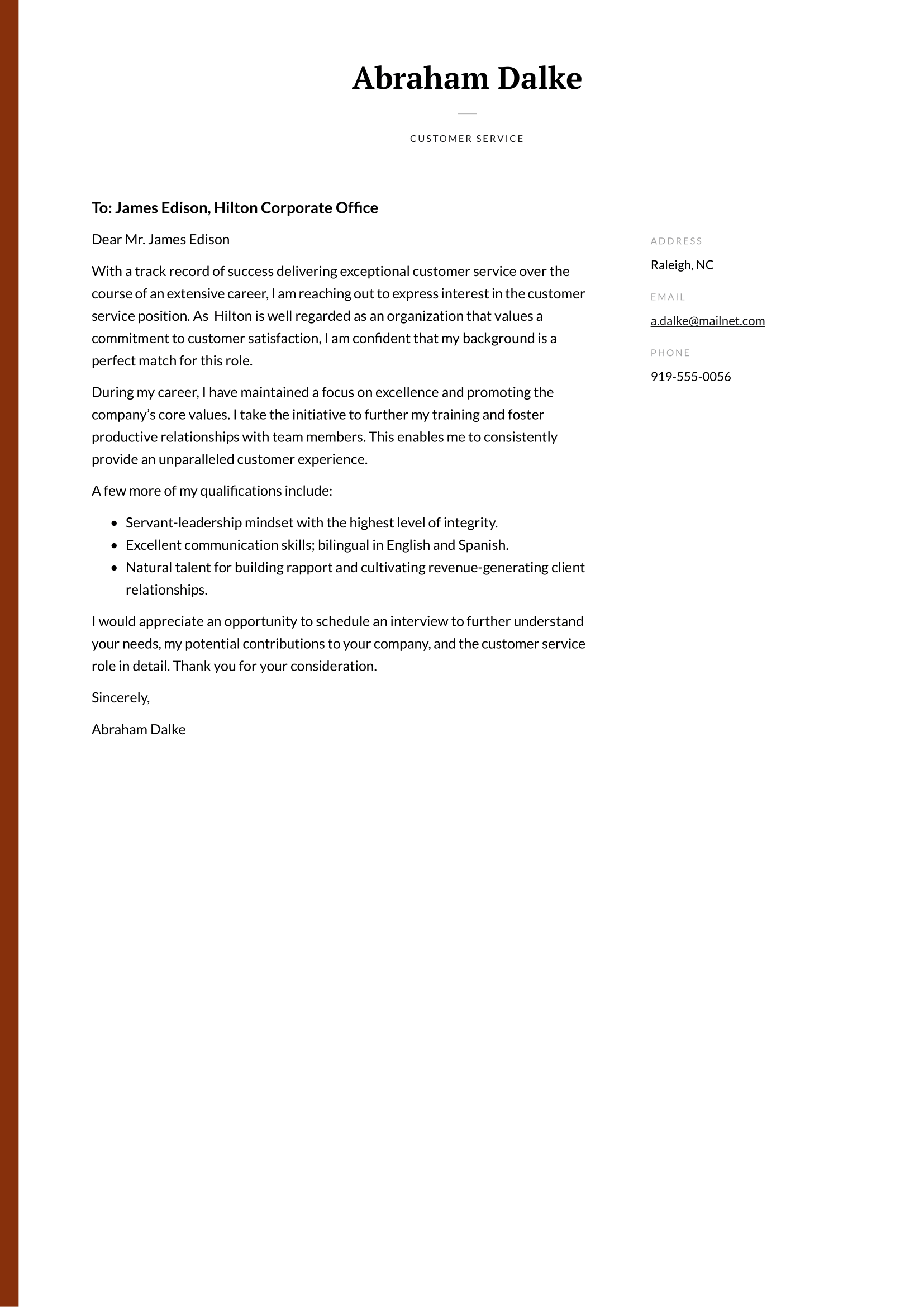 Customer Service Cover Letter Example 