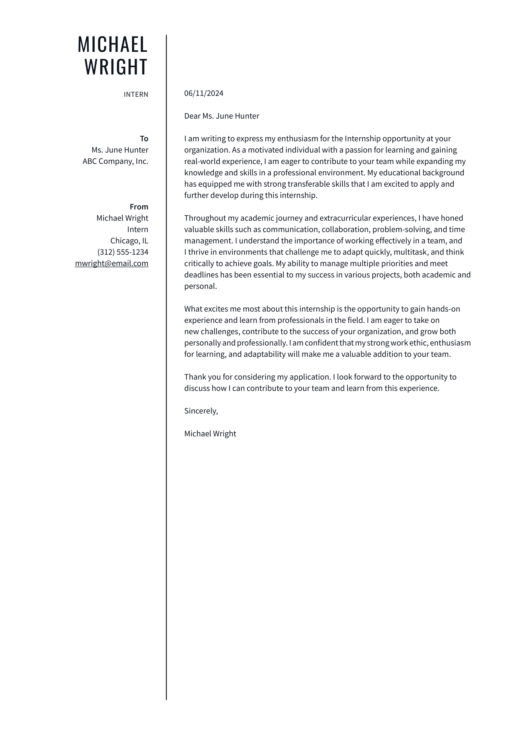 Intern cover letter example & writing guide