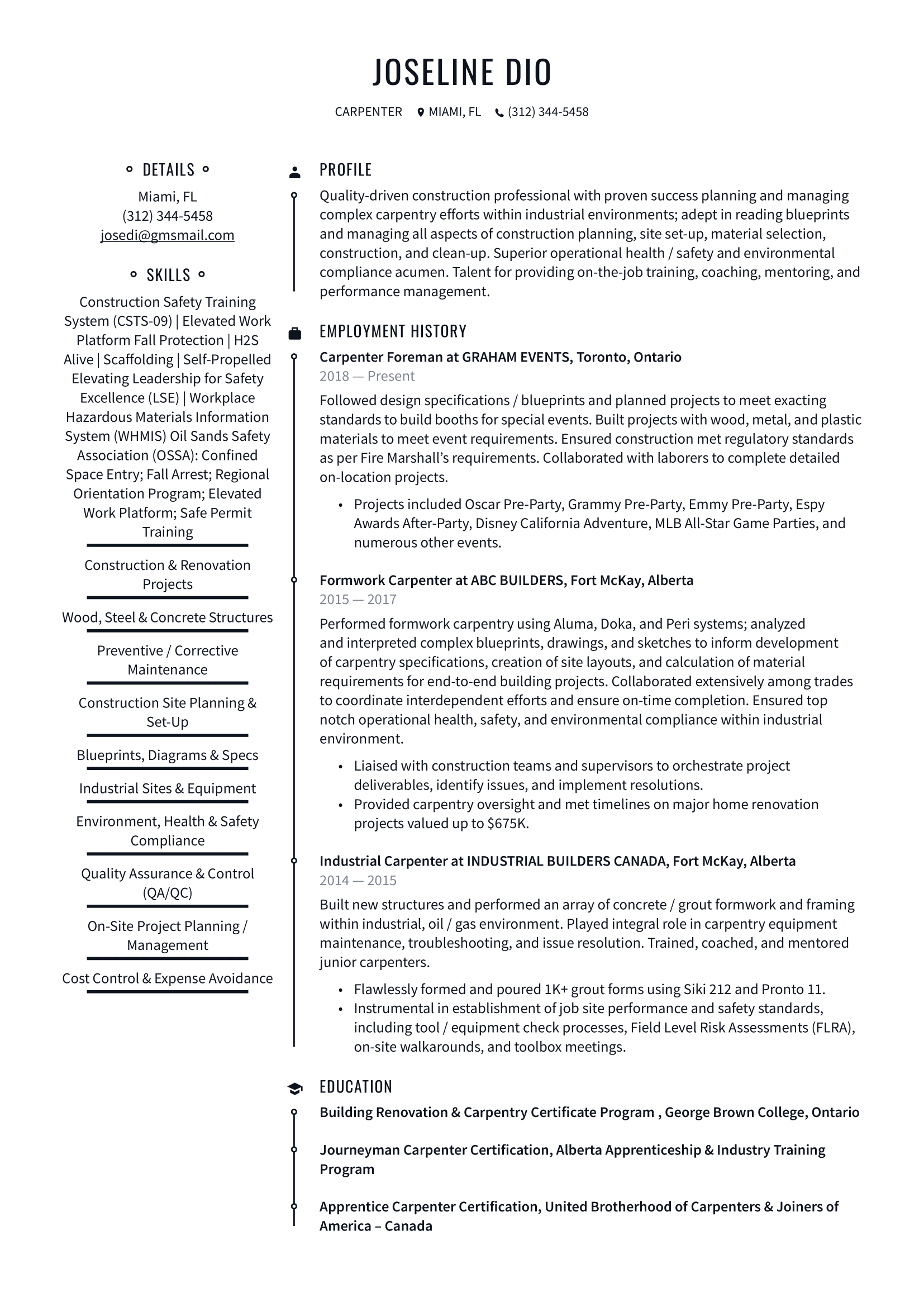Carpenter Resume Example & Writing Guide