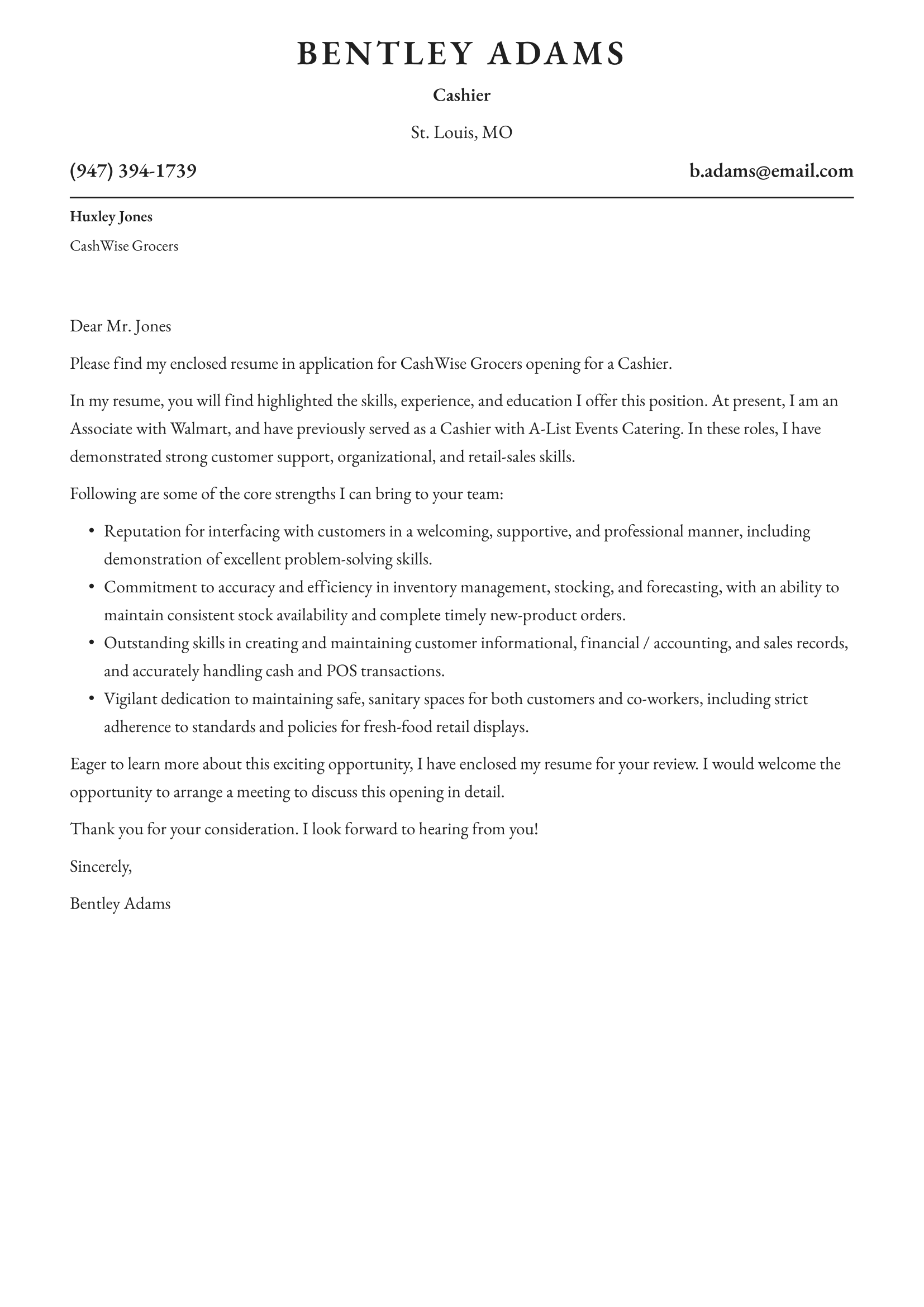 Cashier Cover Letter Example & Writing Guide