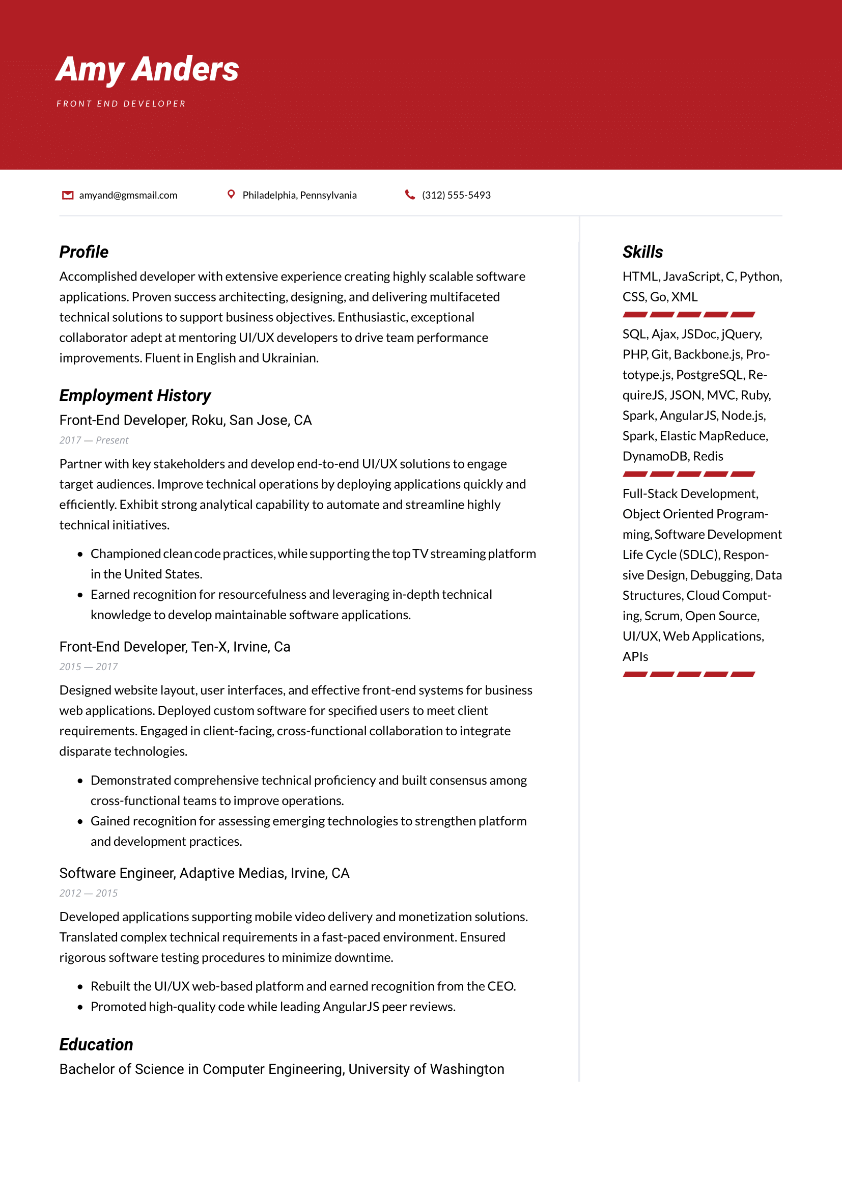Front-End Developer Resume Example & Writing Guide