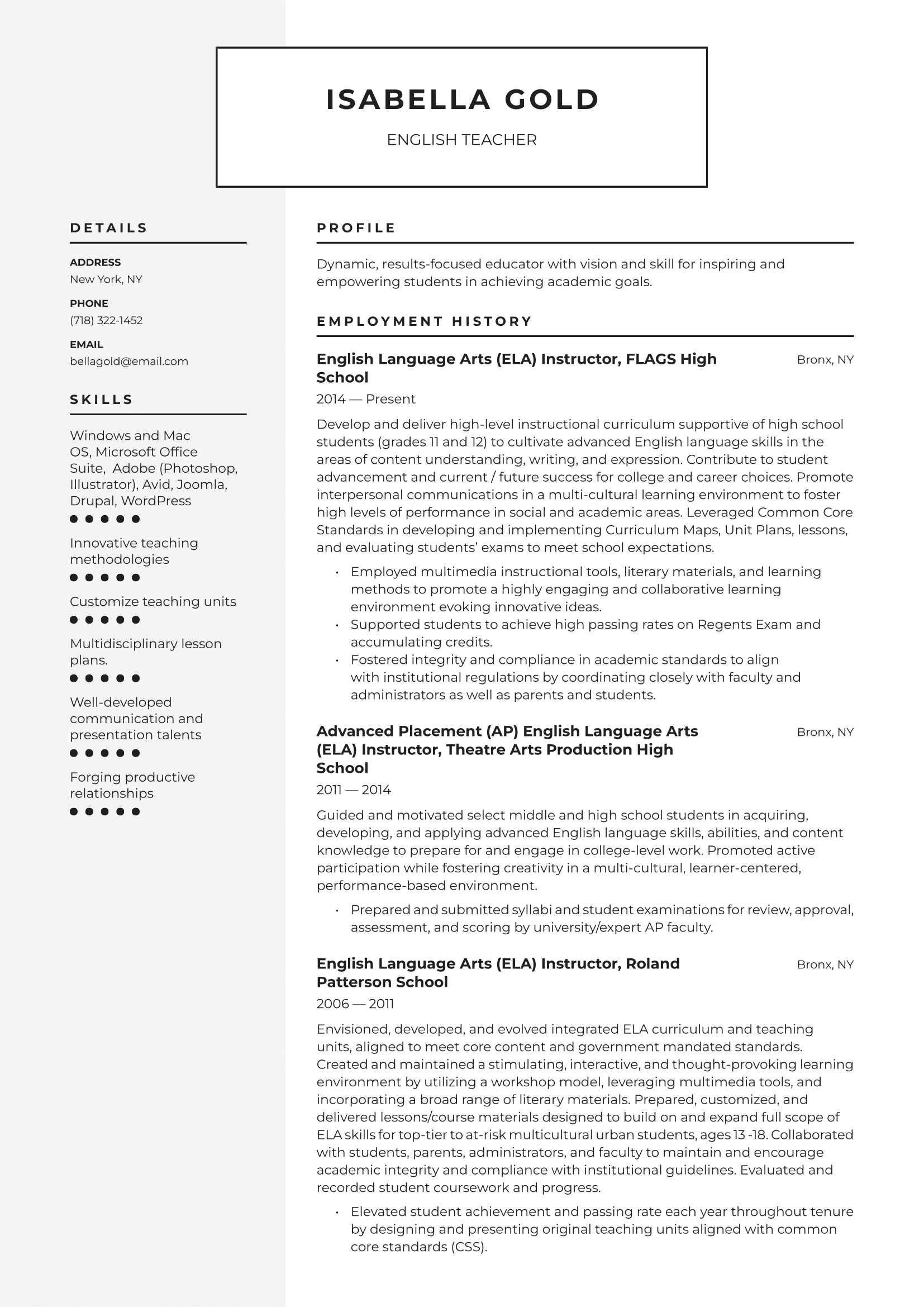 English Teacher Resume Example & Writing Guide