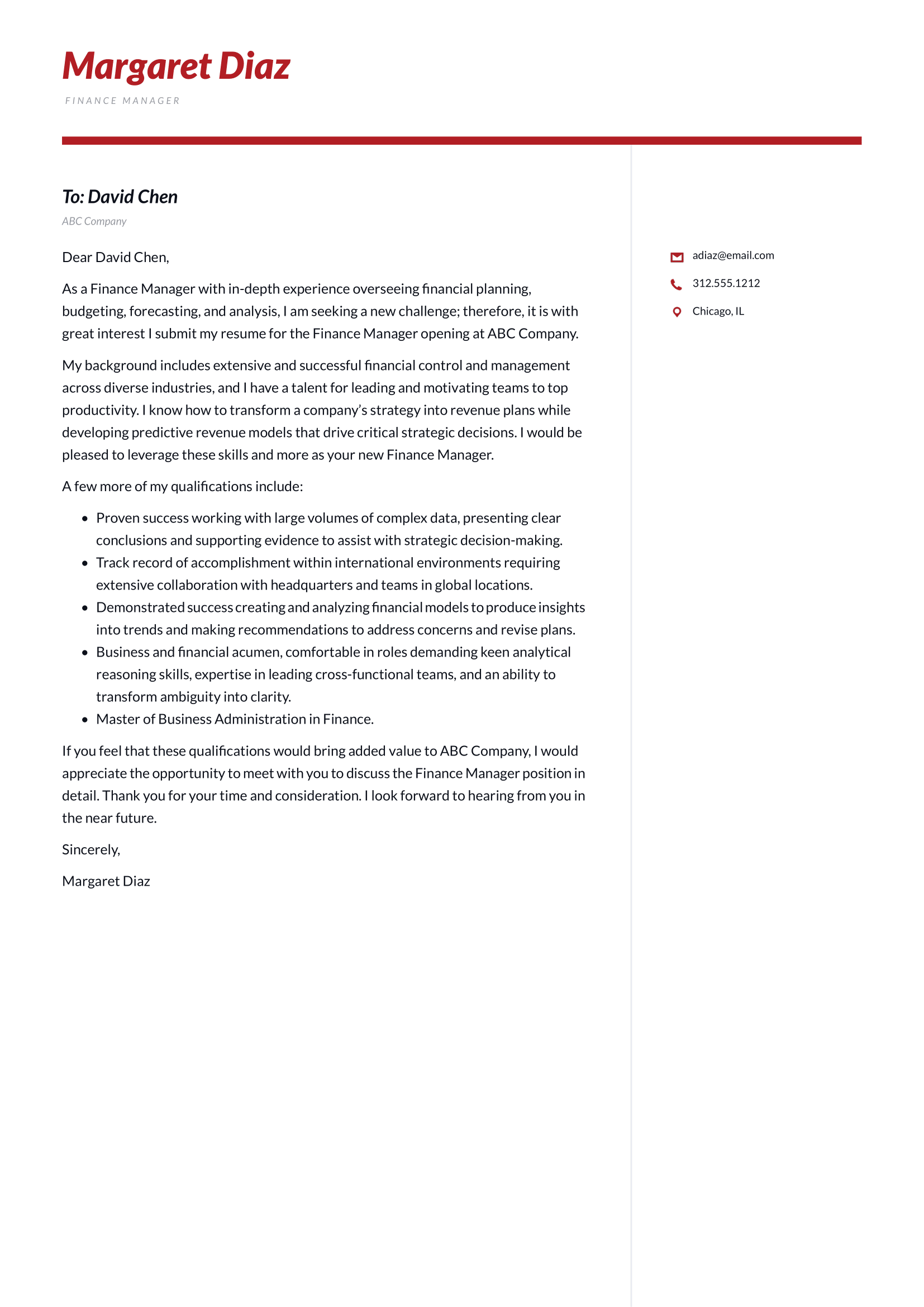 Finance Manager cover letter example & writing guide