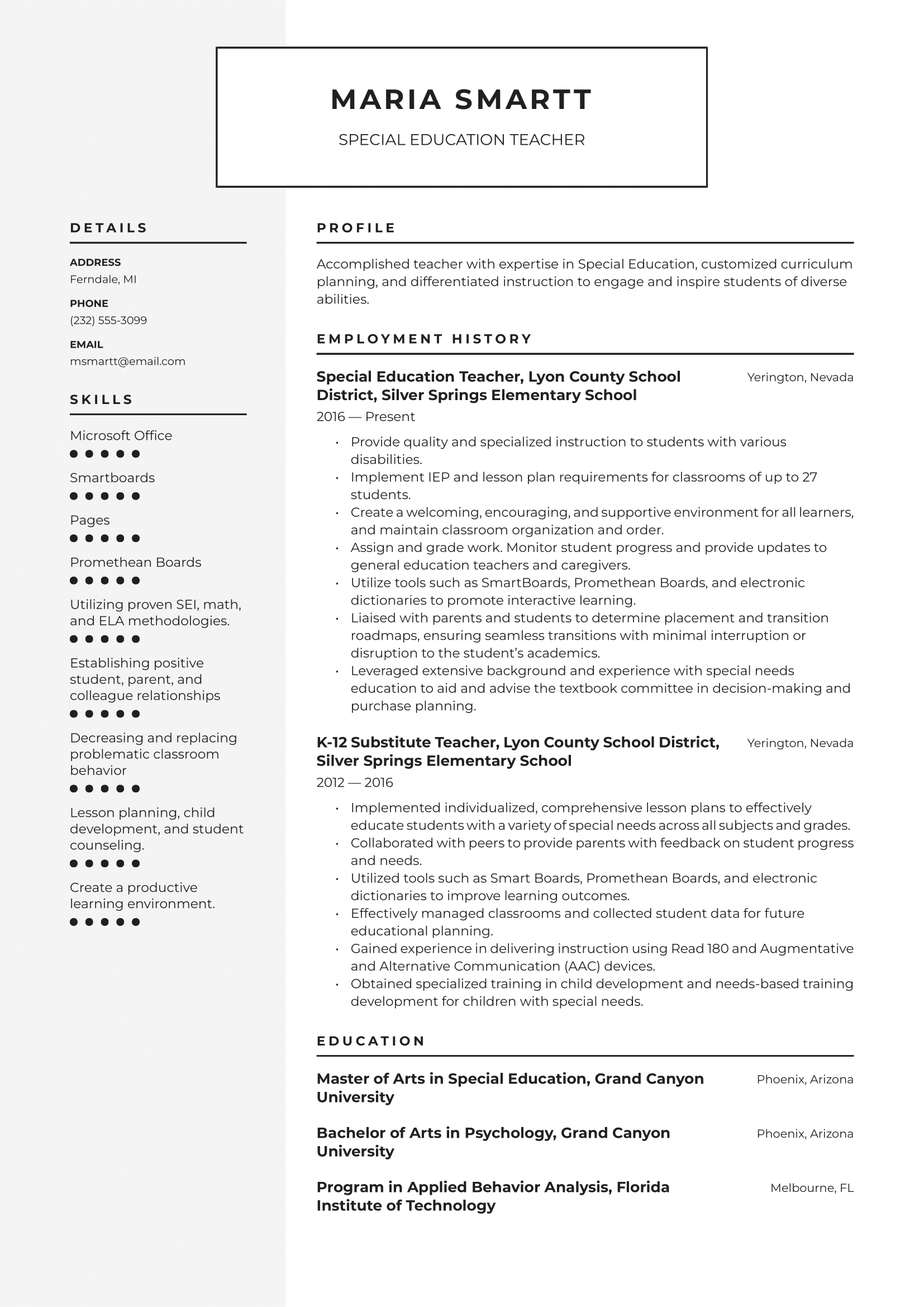 Special Education Teacher Resume Example and Writing Guide