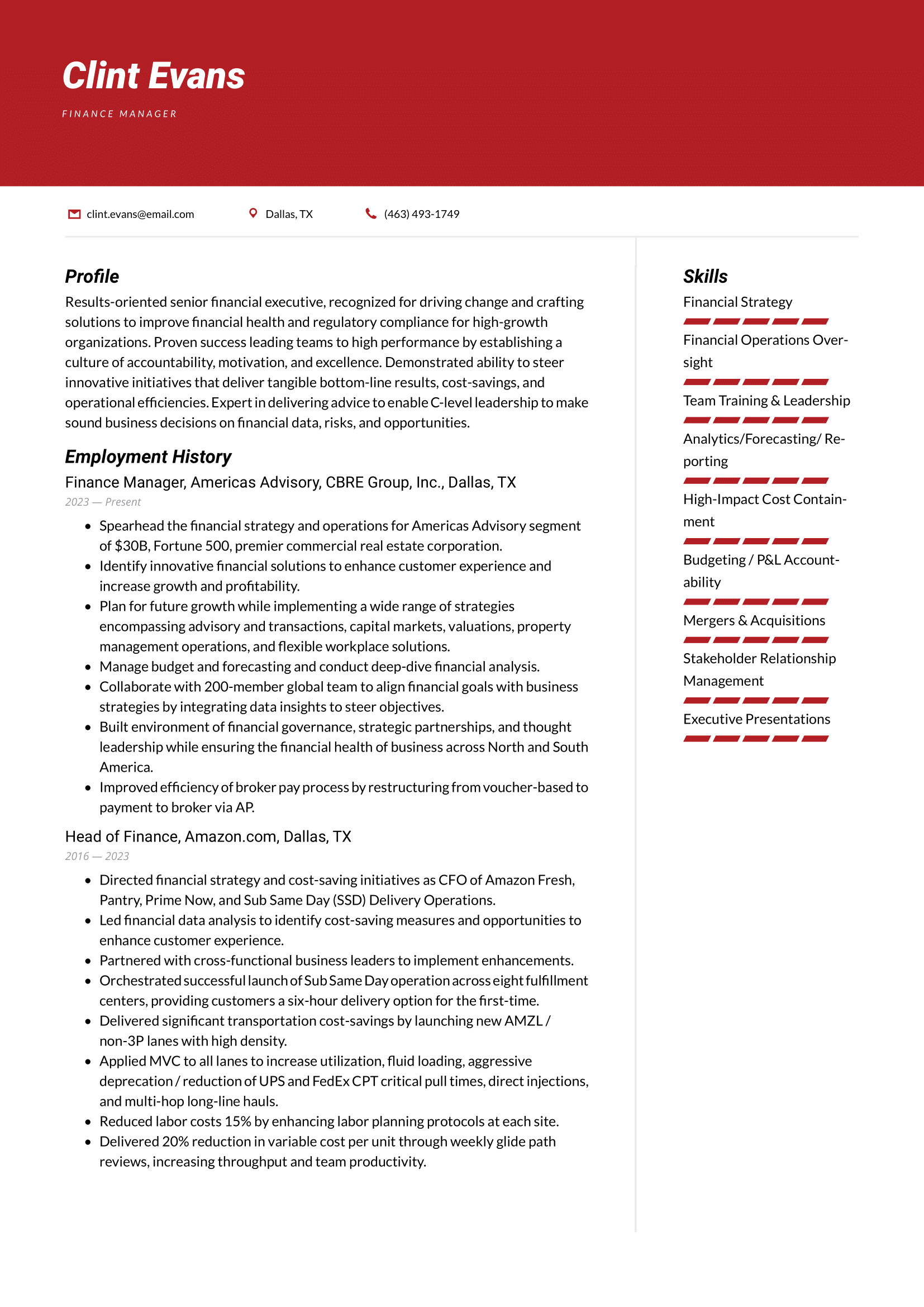 Finance Manager Resume Example & Writing Guide