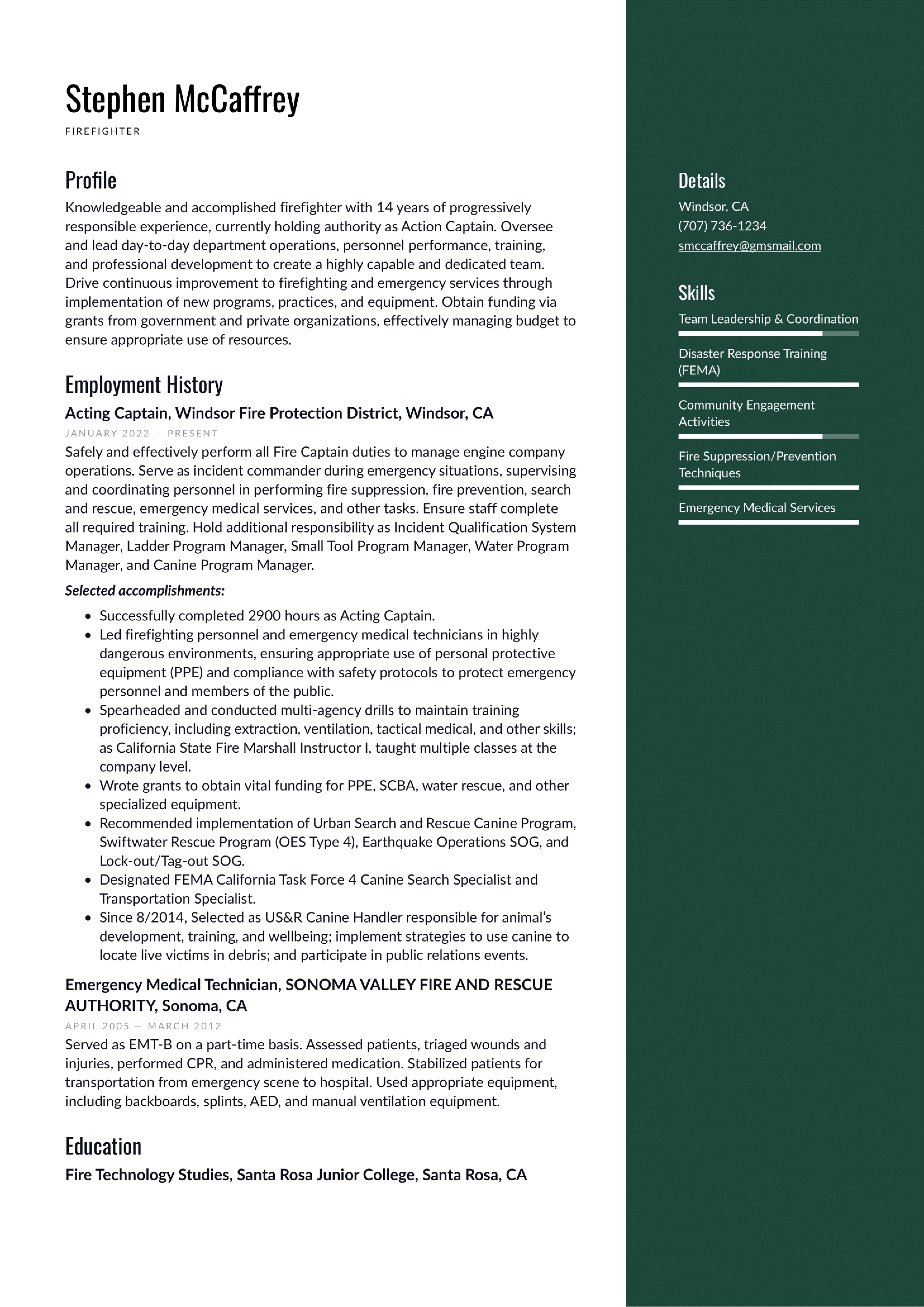 Firefighter Resume Example 