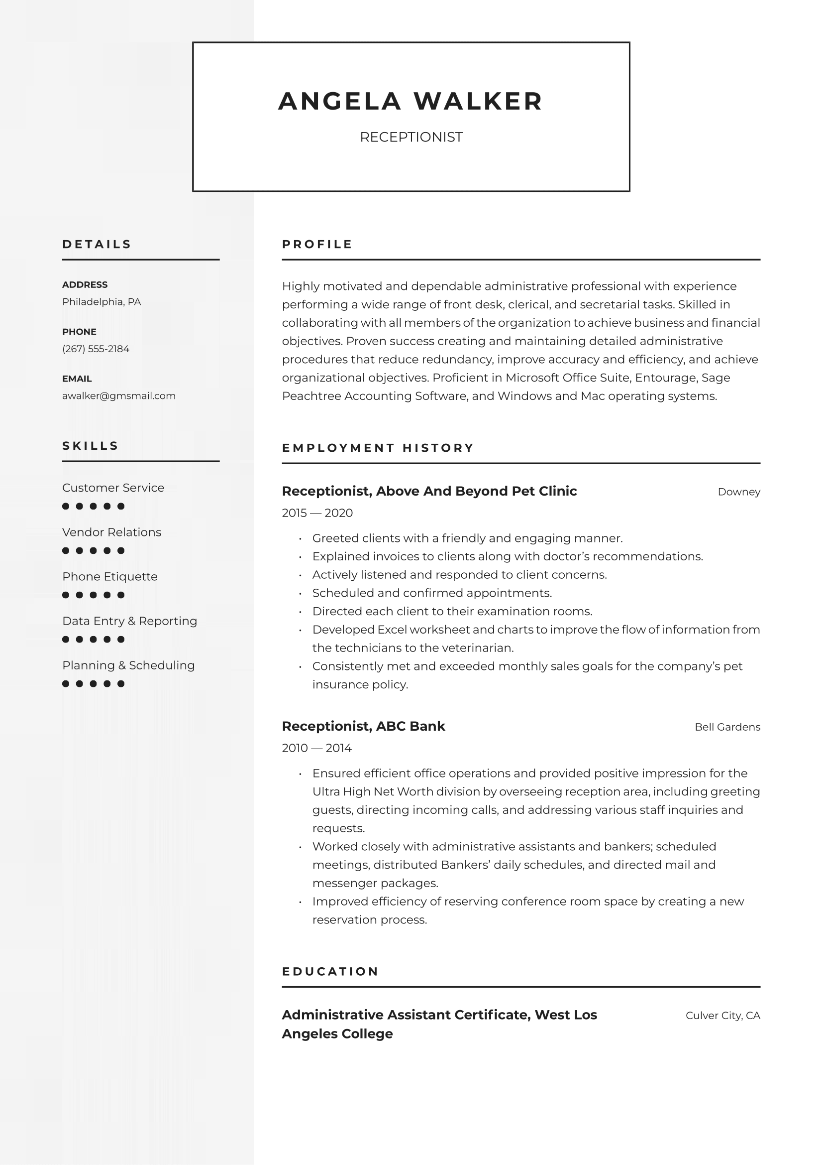 Receptionist Resume Example and Writing Guide