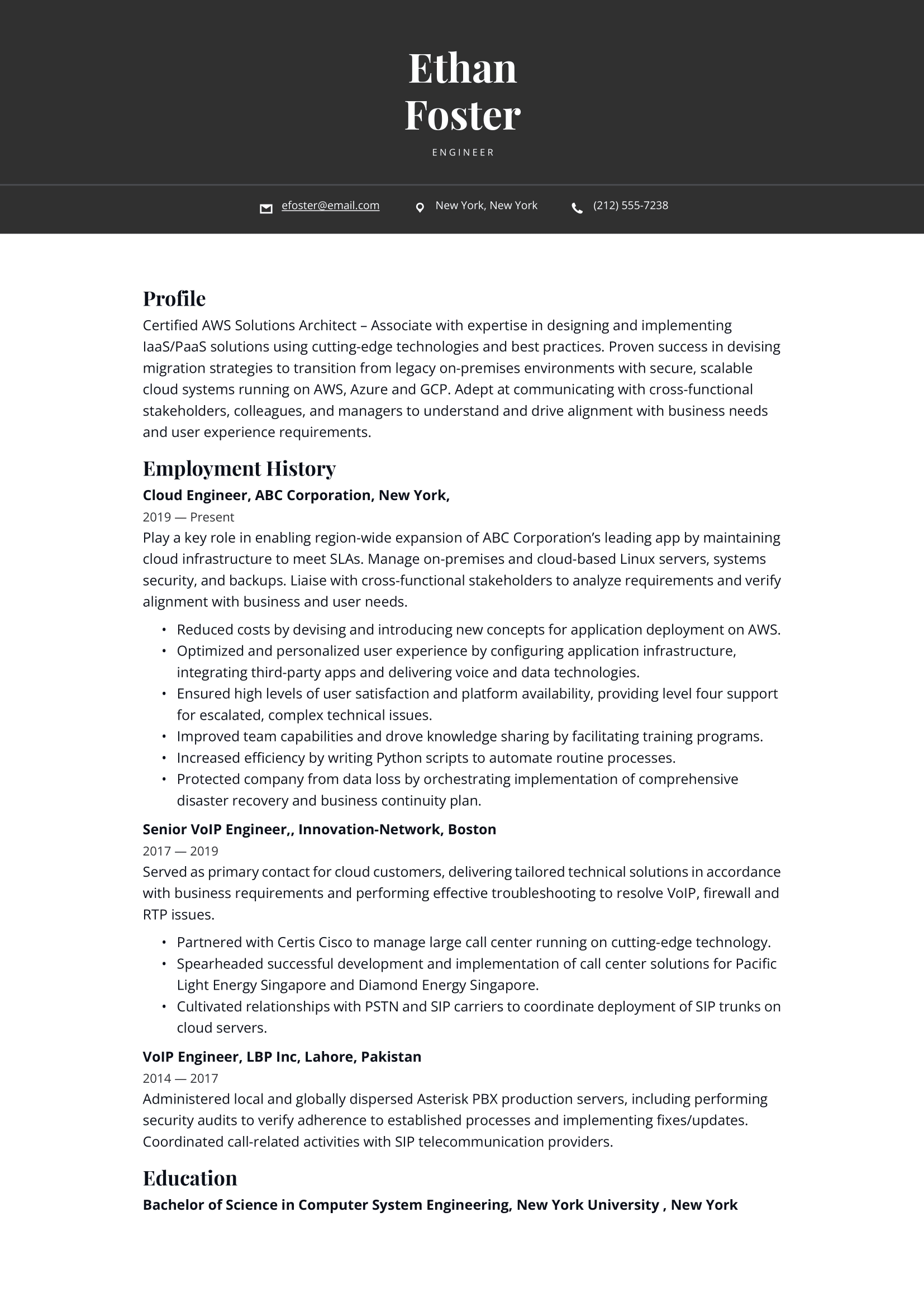 Cloud Engineer Resume Example and Writing Guide