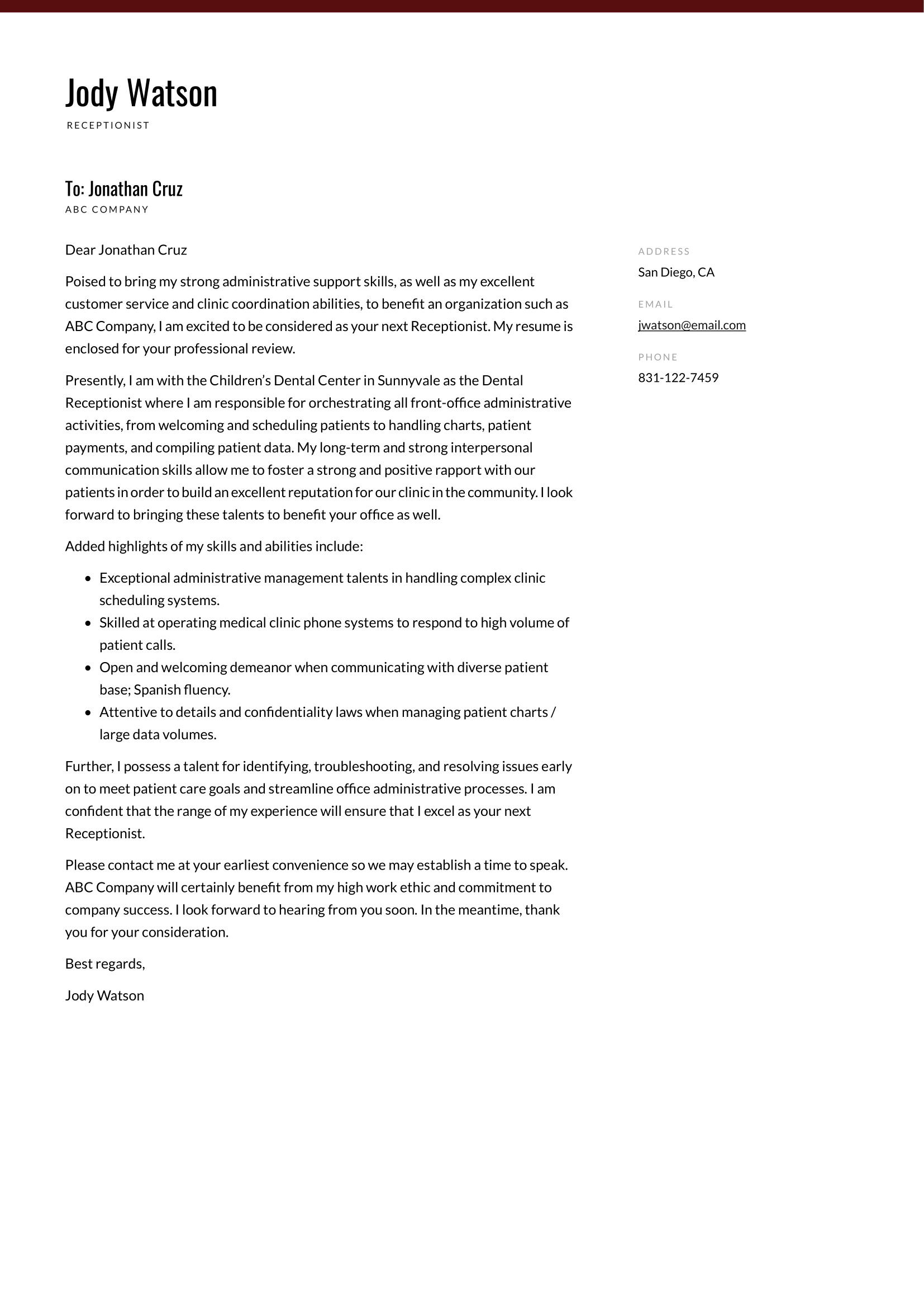 Receptionist Cover Letter Example 