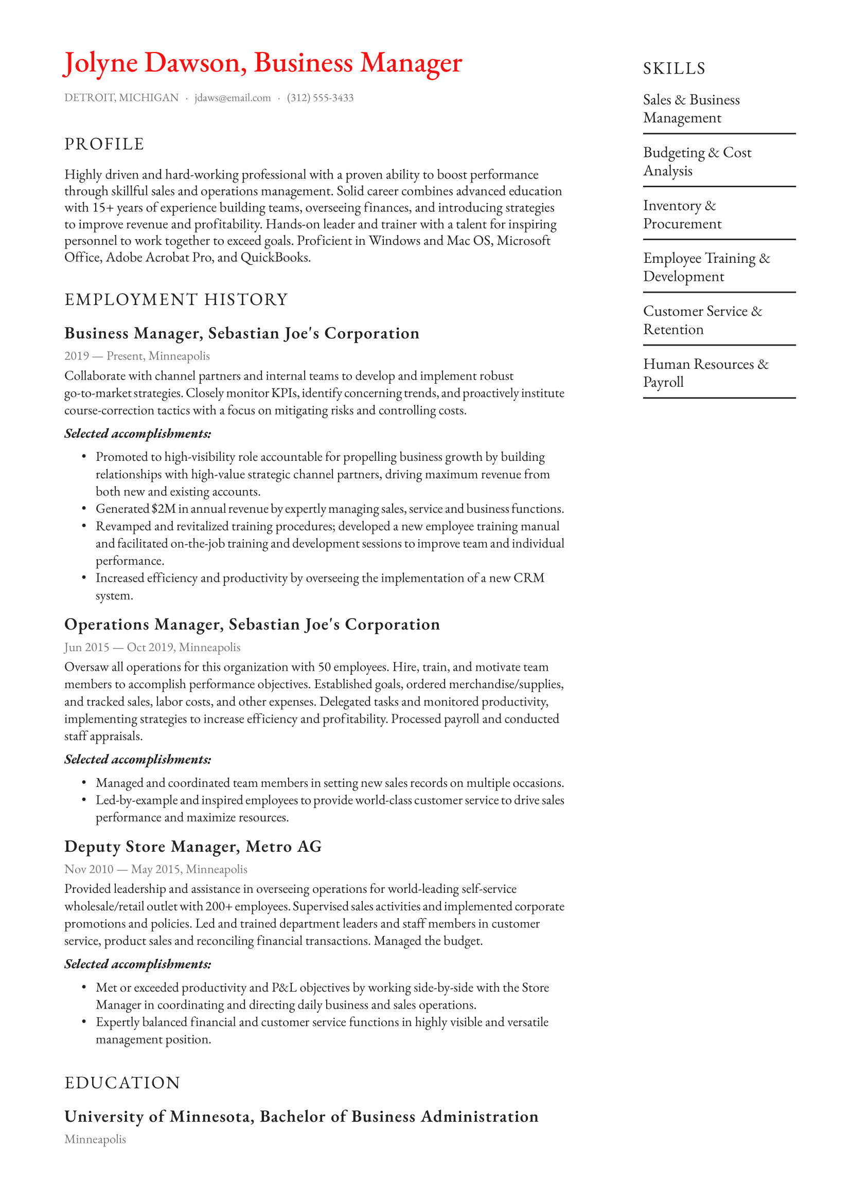 Business Manager Resume Example & Writing Guide