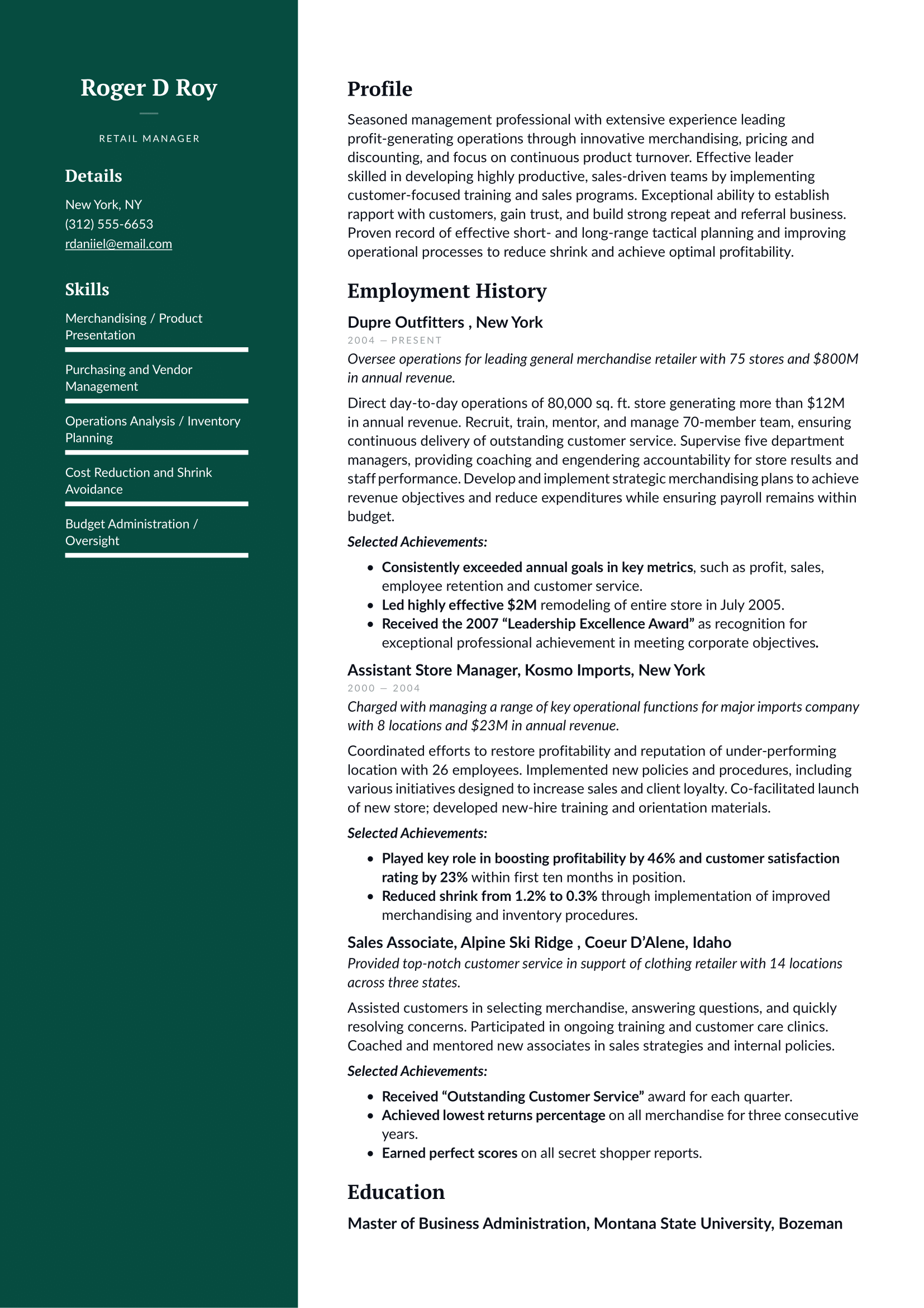 Retail Manager Resume Example & Writing Guide