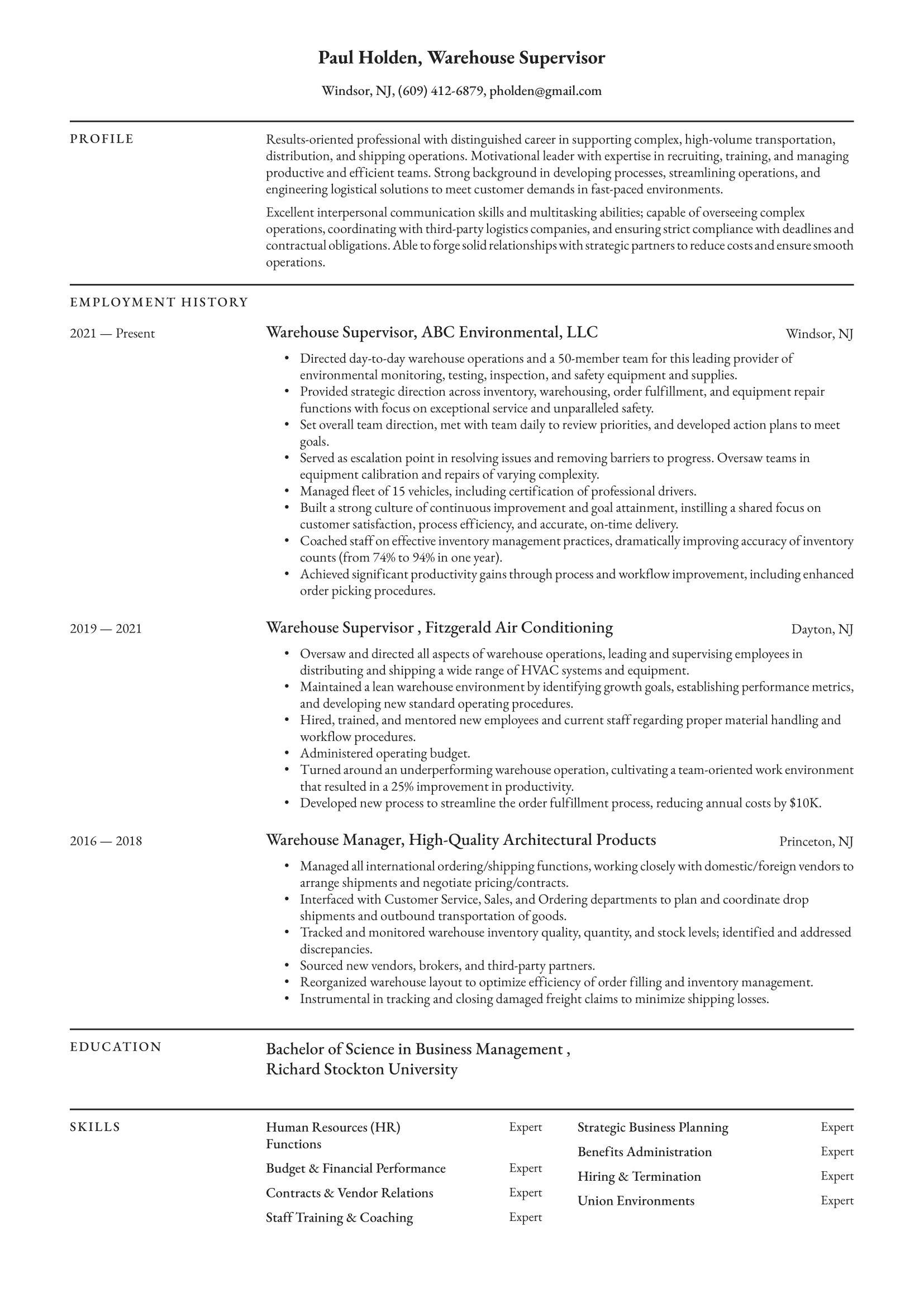 Warehouse Supervisor Resume Example & Writing Guide