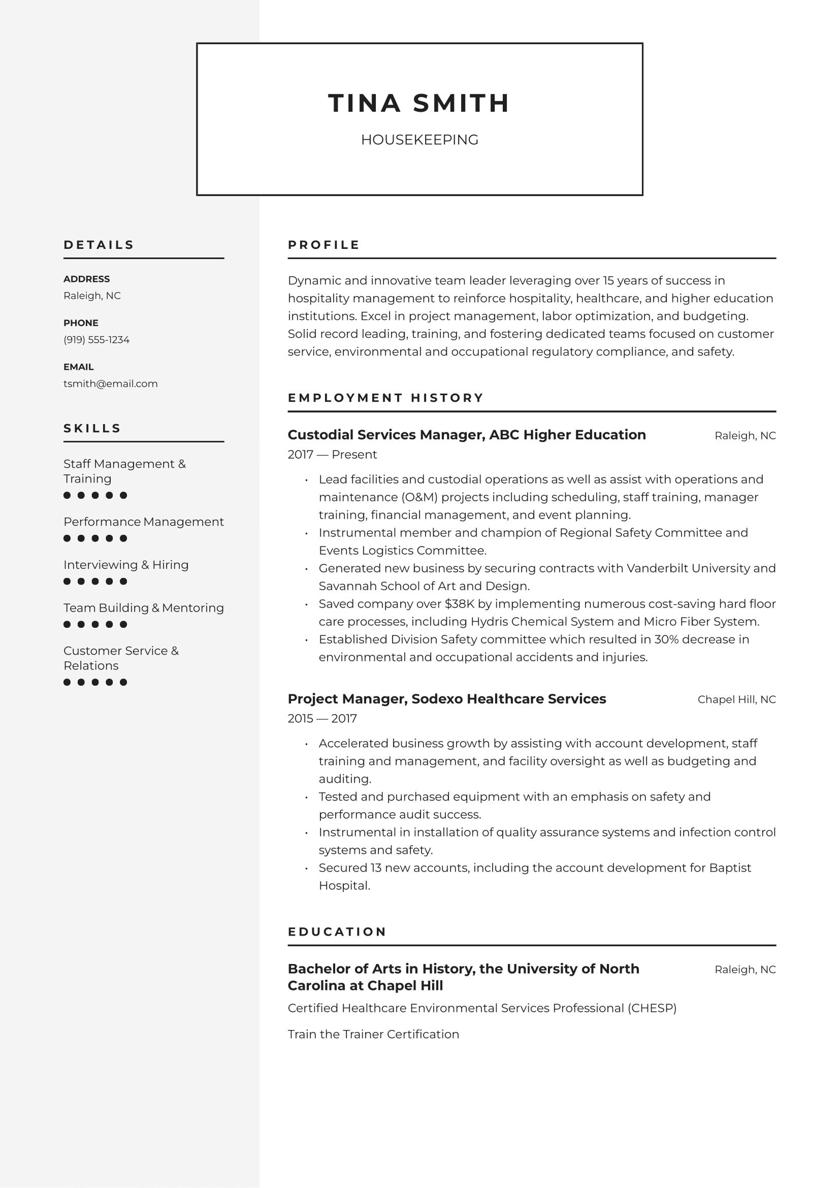 Housekeeping Resume Example 