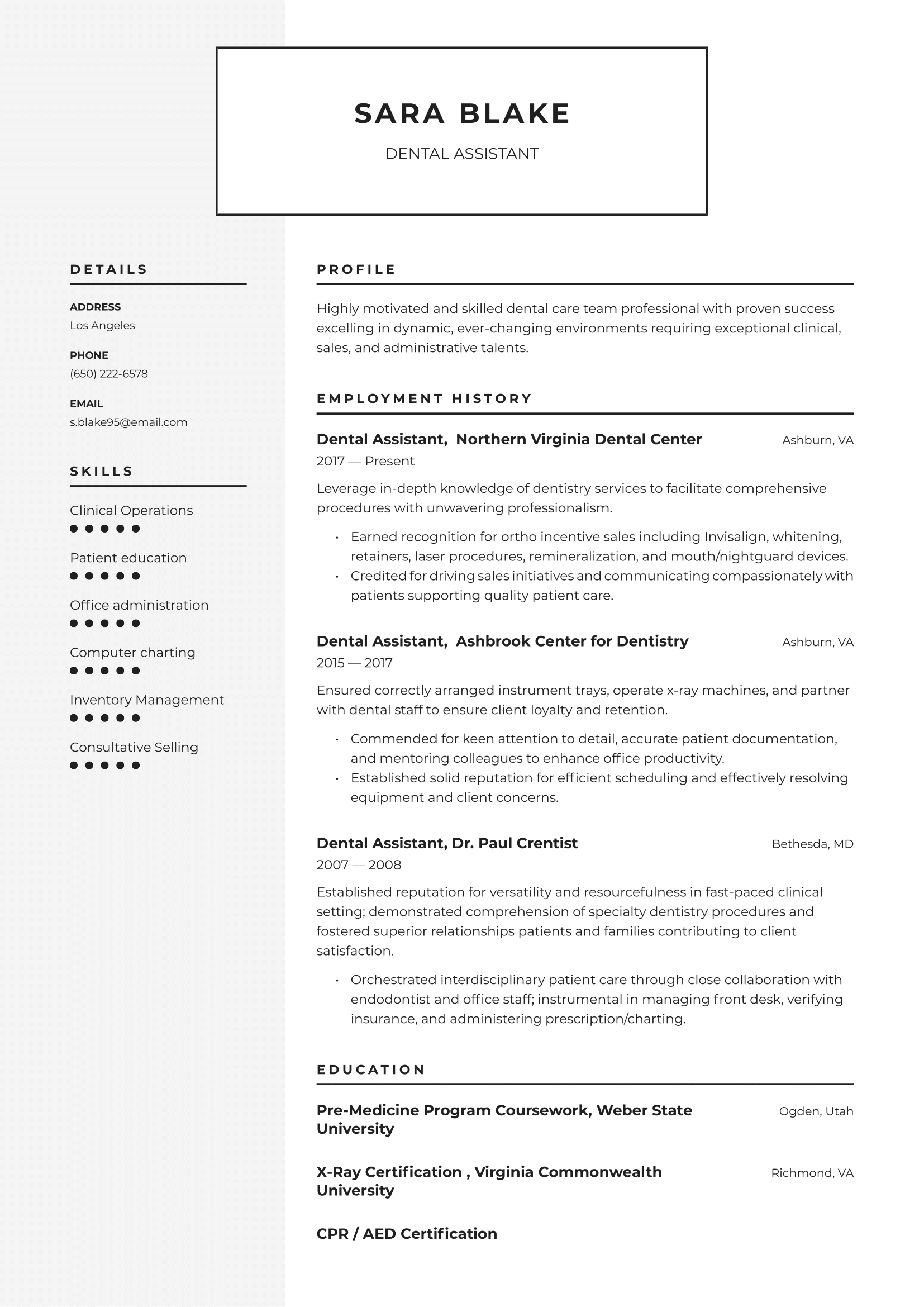 Dental Assistant Resume Example 