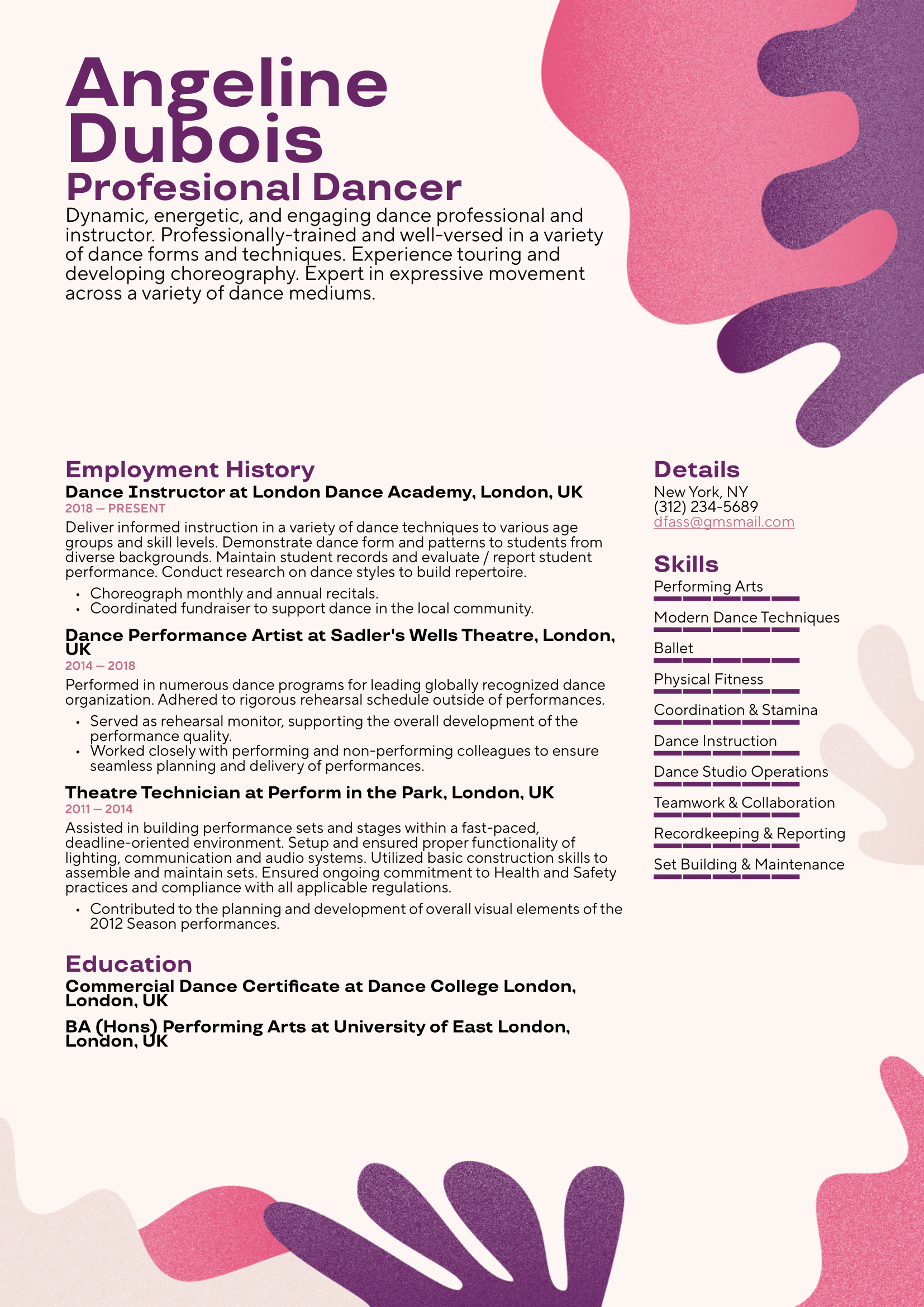 Professional Dancer Resume Example & Writing Guide