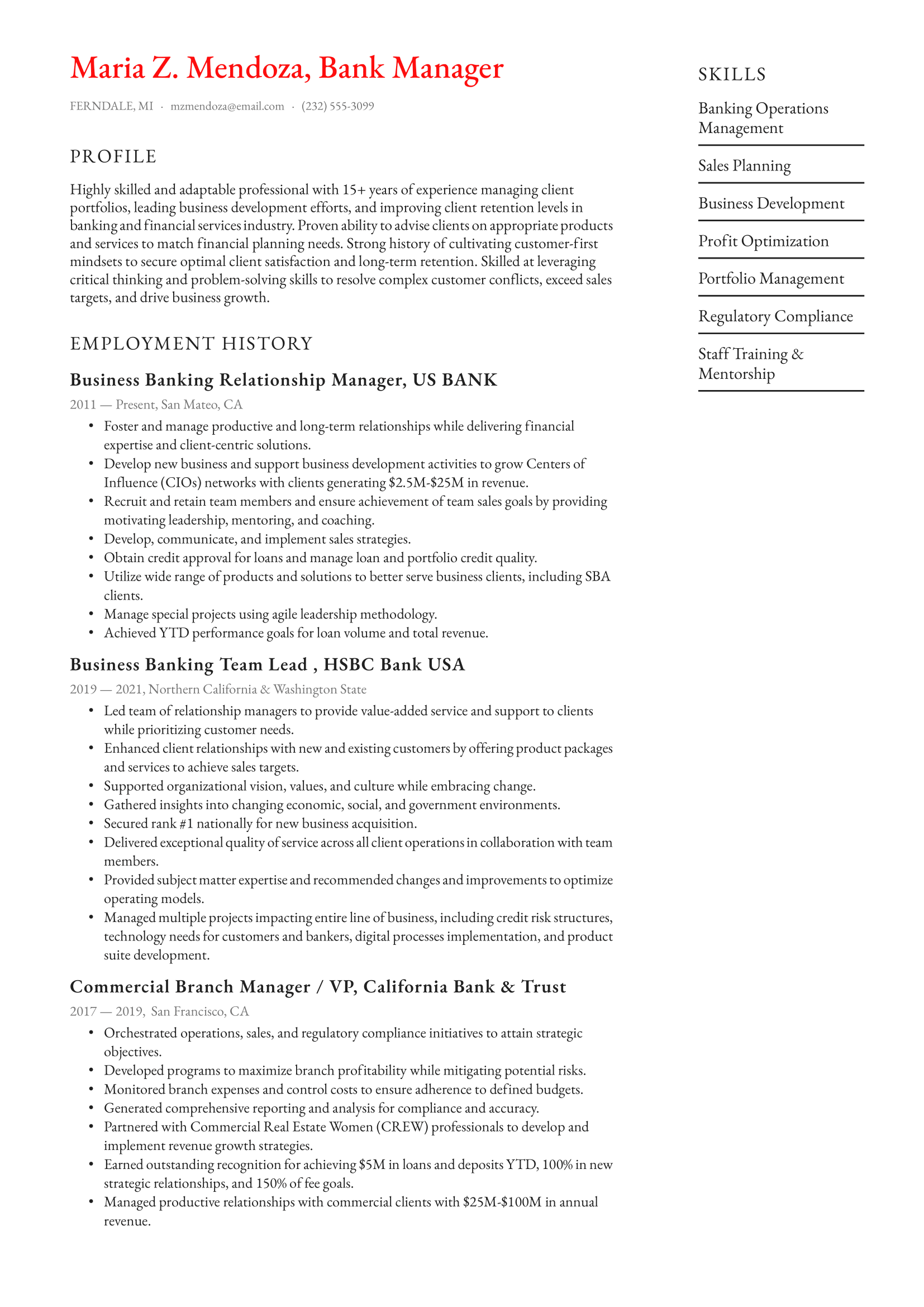 Bank Manager Resume Example & Writing Guide