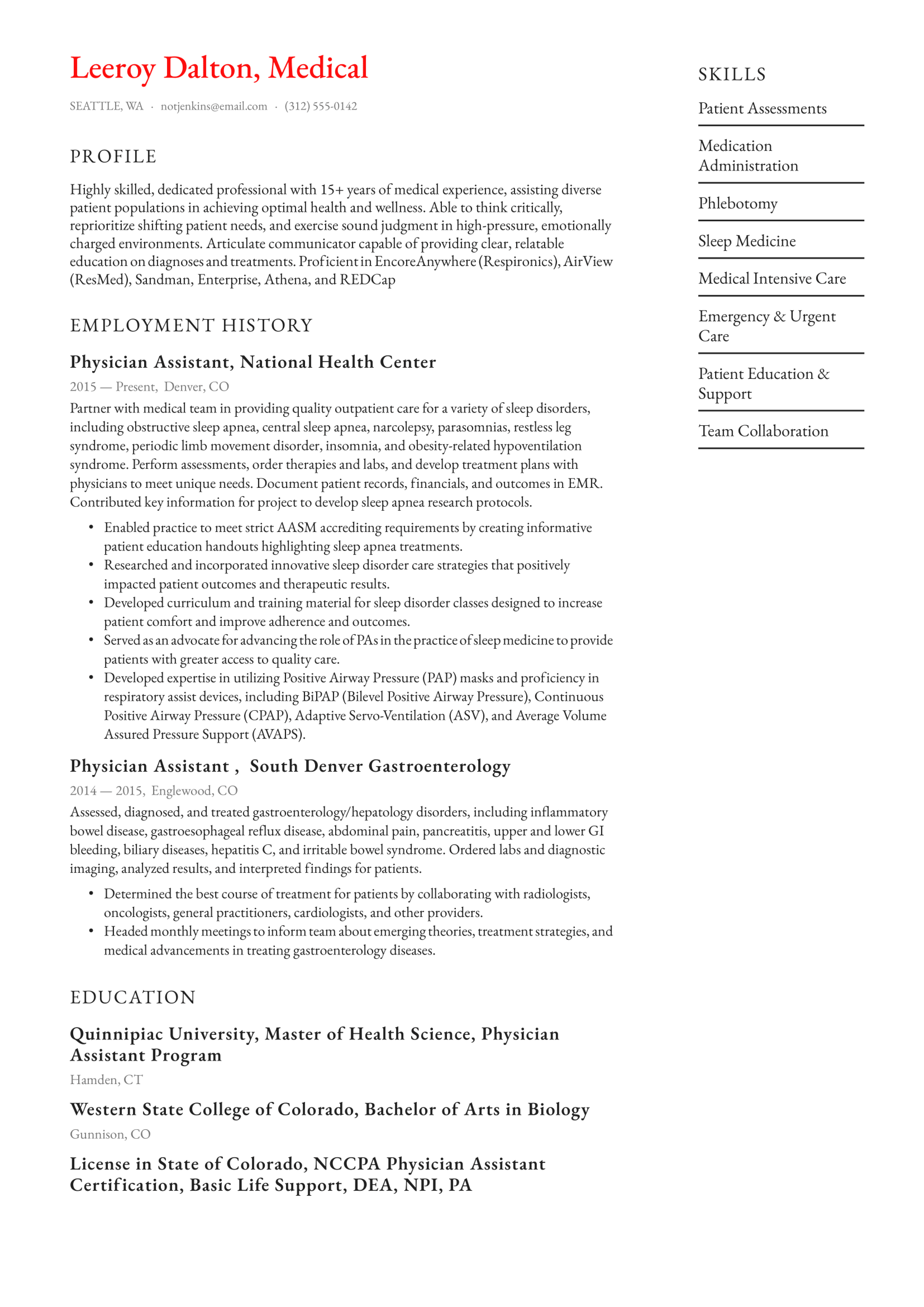 Medical Resume Example