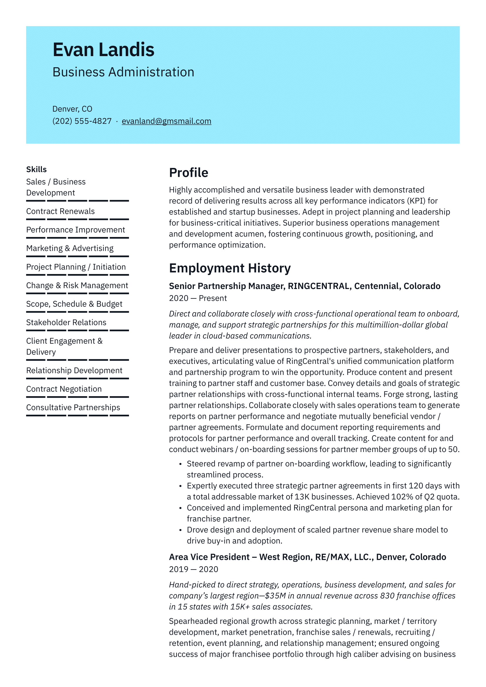 Business Administration Resume Example & Writing Guide